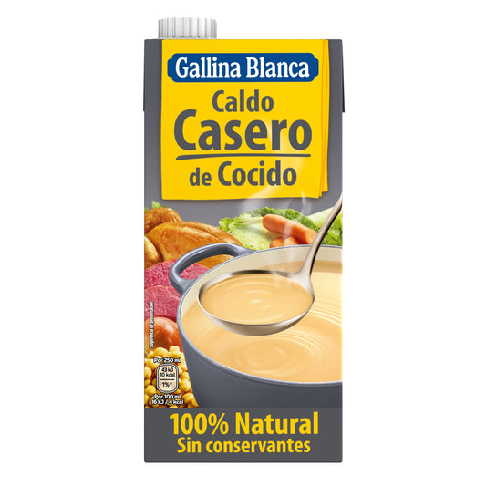 GALLINA BLANCA Caldo Casero de Cocido 100% Natural | Elaborado con Pollo, Ternera, Cerdo, Garbanzos y Verduras de la Huerta, Cocinado a Fuego Lento. Sin Gluten, Sin Conservantes - 1L