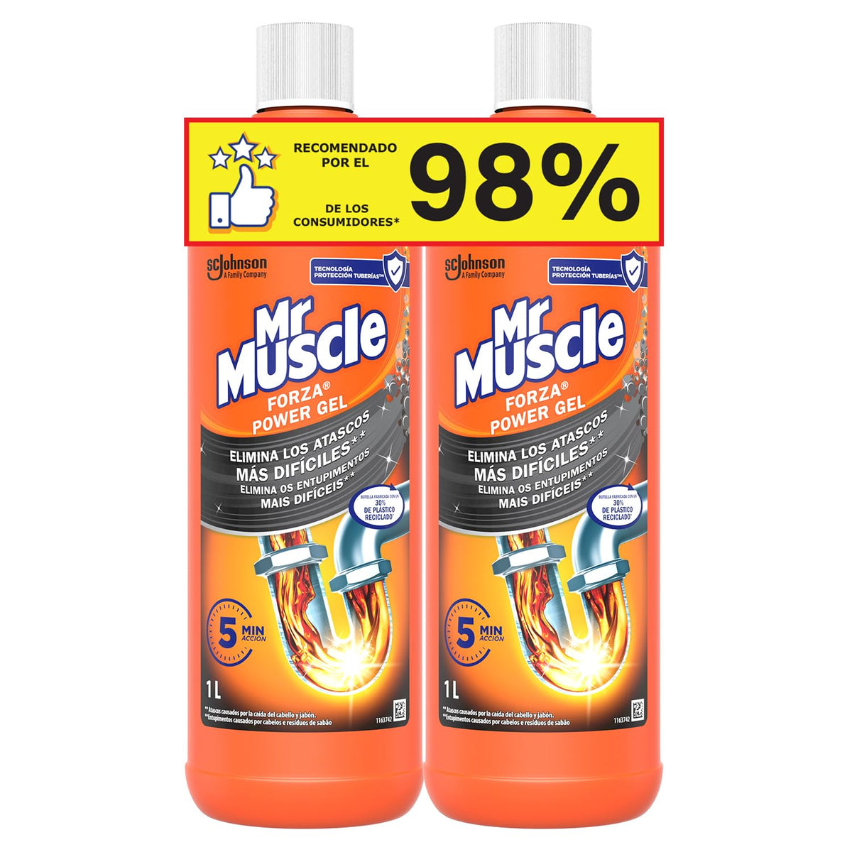 Mr Muscle - Forza Desatascador Gel Power. Gel limpia tuberías. Desatascador líquido potente desagües, Pack de 2 Uds, Cantidad total 2x1L