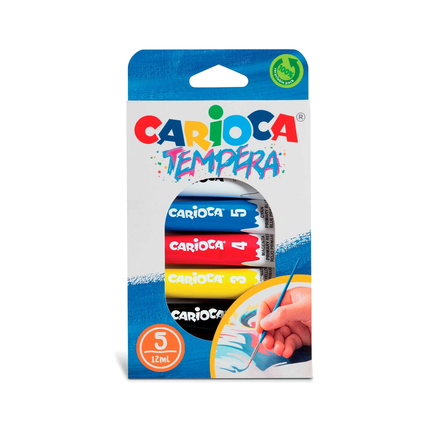 Carioca Témpera en Tubos | 5 Tubos de 12 ml, colores surtidos y brillantes, superlavables y mezclables, alta opacidad | Se aplica Sobre Materiales Porosos | 5 Piezas