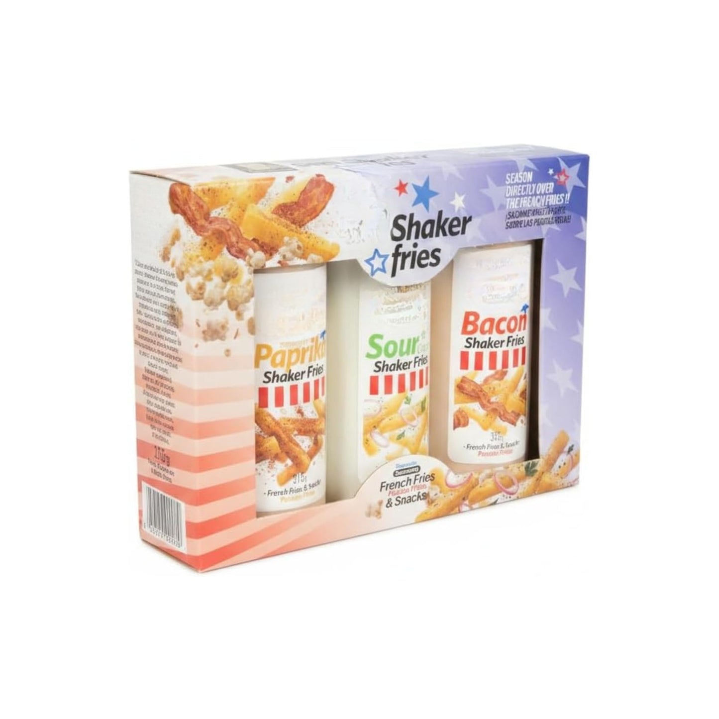 Shaker Fries - Pack 3 Sazonadores para Patatas Fritas y Snacks (965g) Total - Sabores Bacon, Sour Cream, Paprika & Vinegar - Condimento Sin Gluten para Palomitas y Aperitivos - NEXU