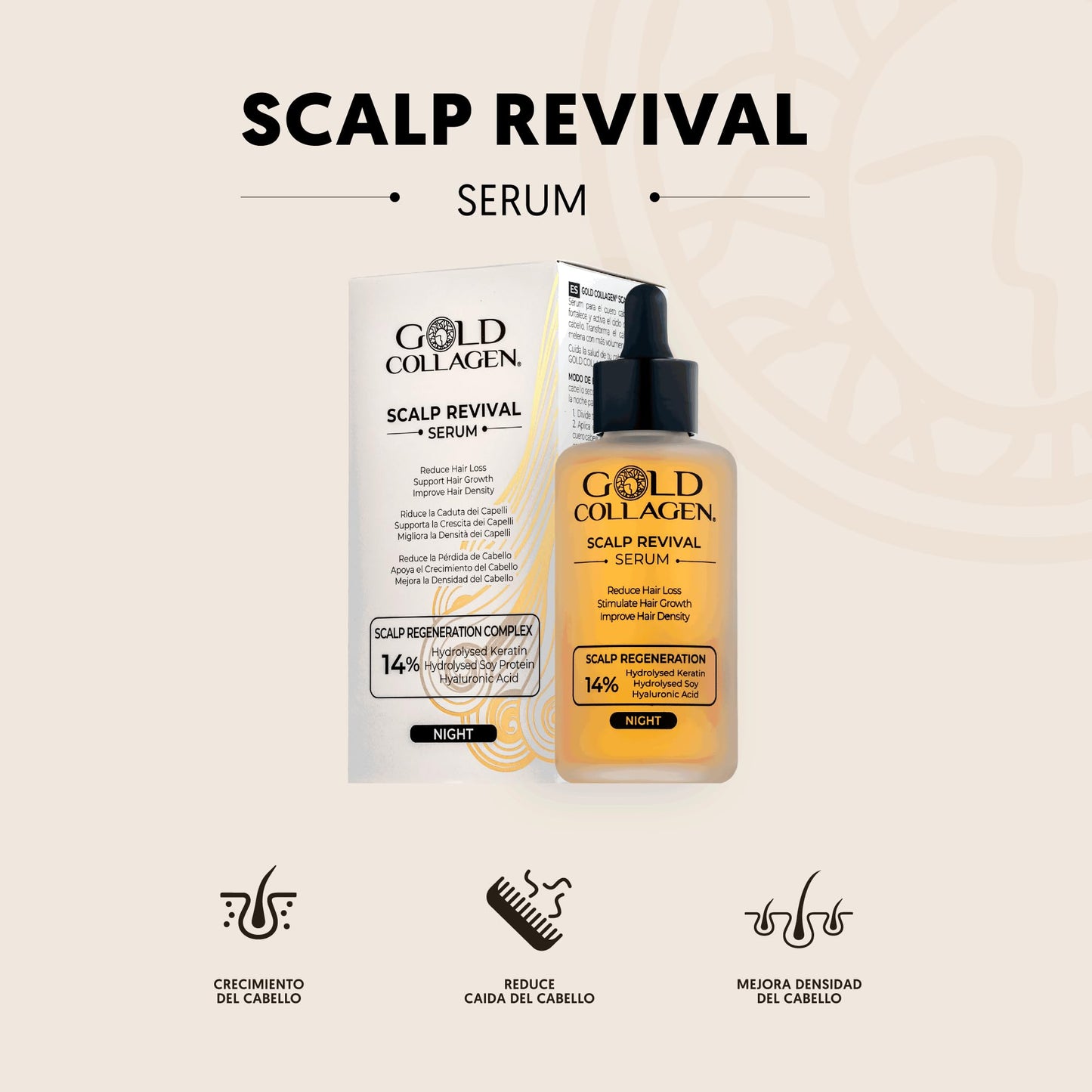 GOLD COLLAGEN Scalp Revival - Sérum Cabello Noche para Crecimiento y Anticaída con Ácido Hialurónico y Extractos Naturales, Tratamiento Hidratante Cabello con Keratina, Aceite Pelo Seco Dañado 100 ml