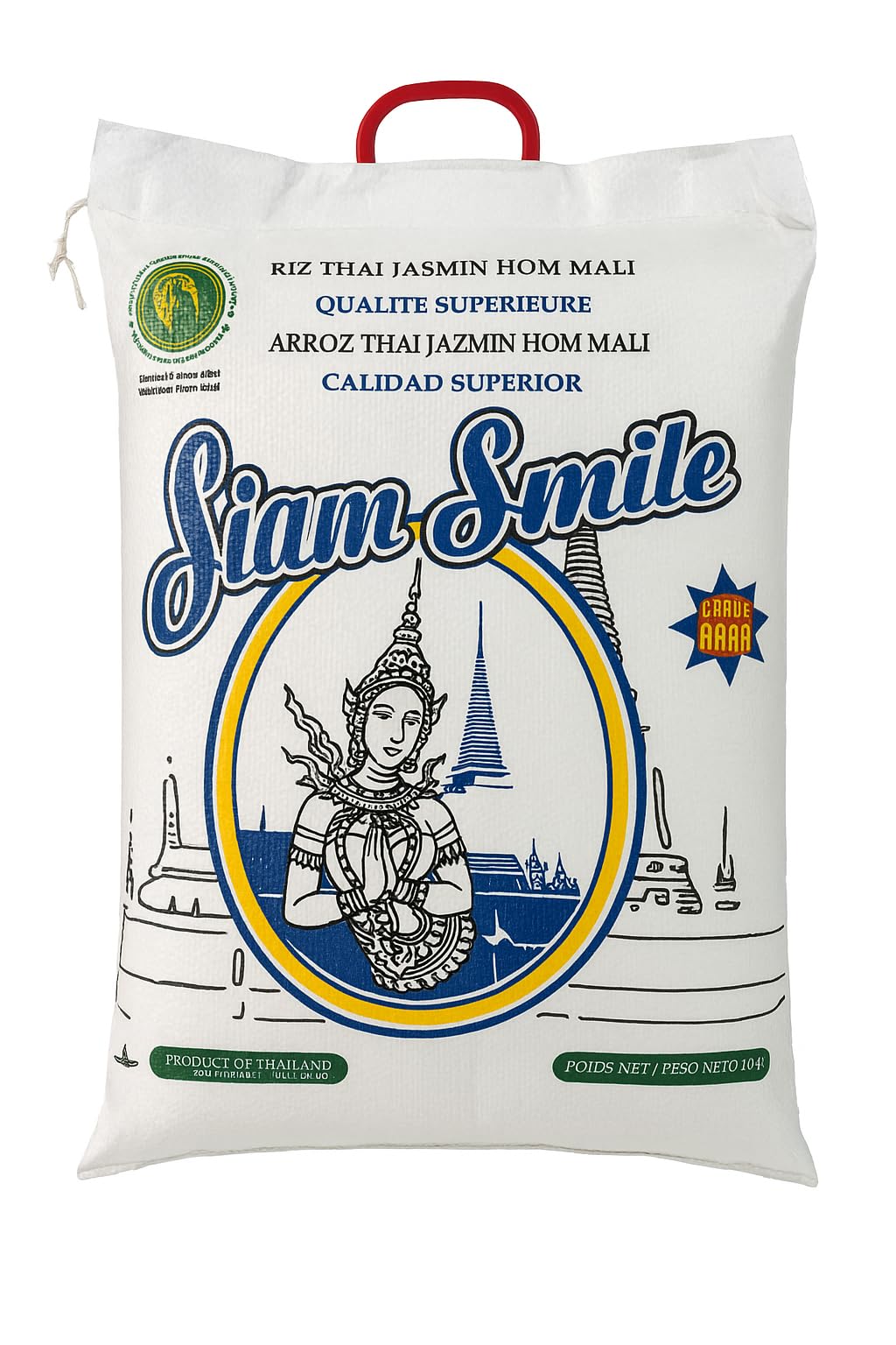 Arroz Thai Jazmín Hom Mali 10kg | Siam Smile | Grano Largo Aromático de Tailandia | Ideal para Currys, Wok y Guarniciones