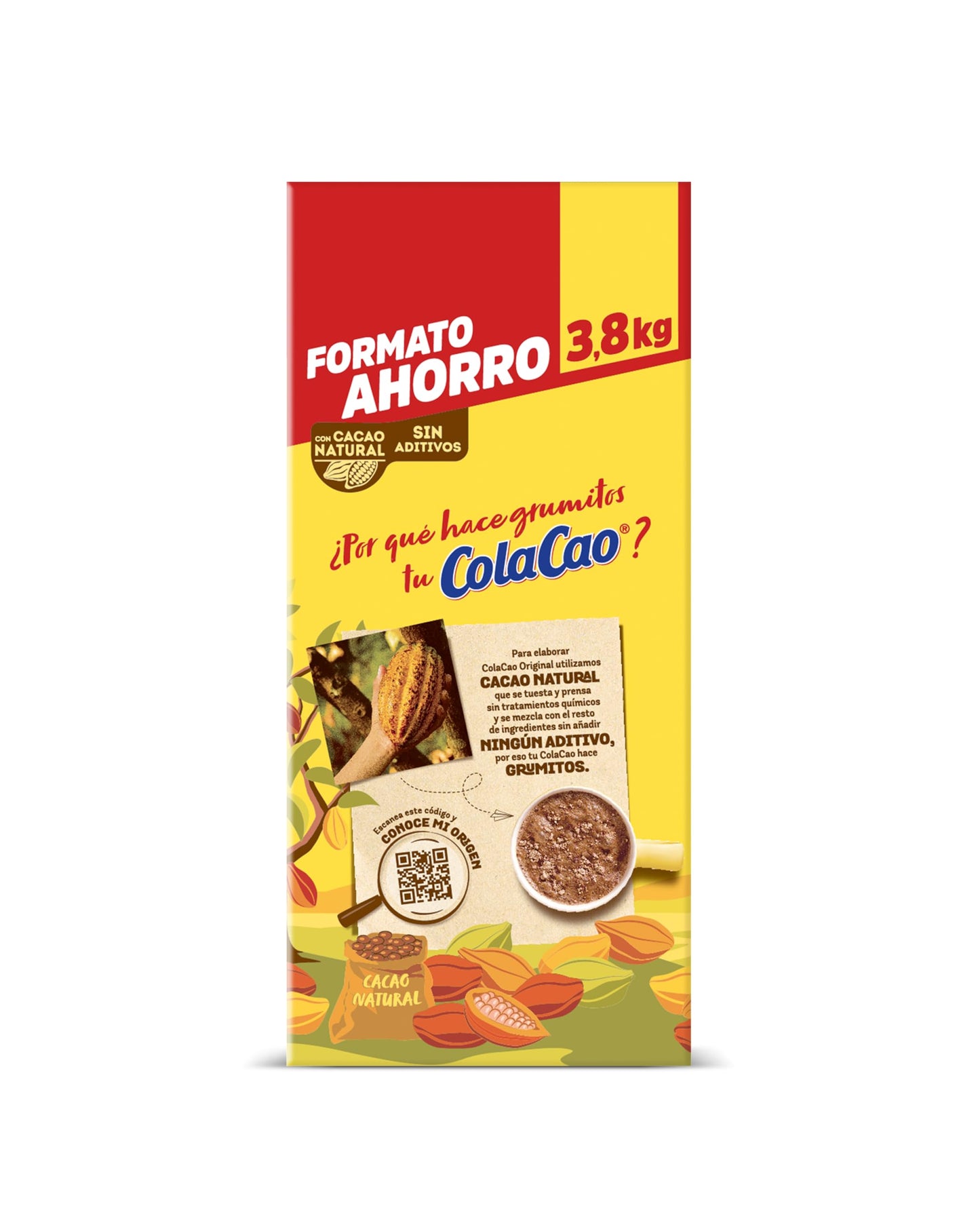 ColaCao Original, Cacao Soluble Natural sin Aditivos, Formato Ahorro, con Cacao Natural, 3,8kg
