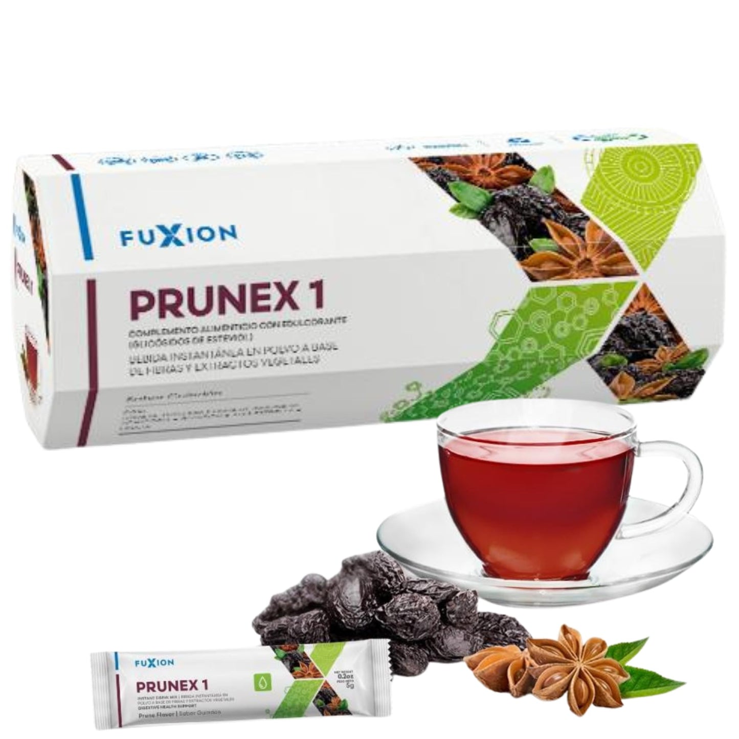 FUXION - Prunex 1 Té Detox en Polvo para Limpieza y Desintoxicación del Colon Infusión Instantánea Natural 1 Caja con 7 Sobres Tránsito Intestinal Saludable Sabor a Ciruela Pasa Linaza Kelp y Anís Estrella