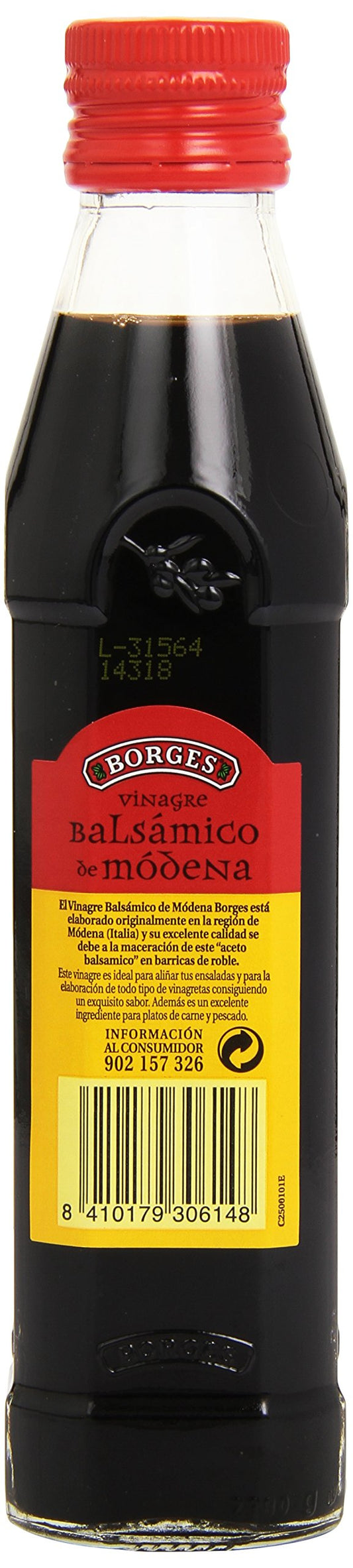 Borges - Vinagre Balsámico de Módena I.G.P., Macerado en Barricas de Roble - Botella de Vidrio de 250 Mililitros.