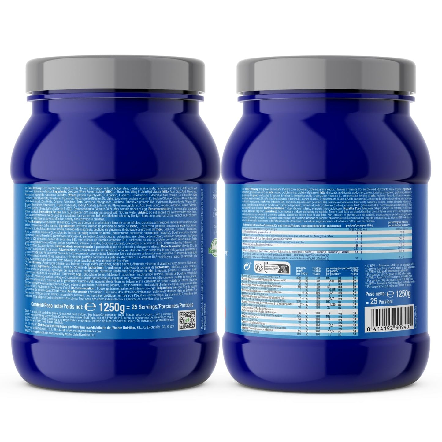 Victory Endurance Total Recovery (1250g) Sabor Sandía, Preparado Bebida Post-Entreno de Carbohidratos Electrolitos y Proteínas, Con BCAA 2:1:1, 12 Vitaminas y 9 Minerales, Recuperación Rápida