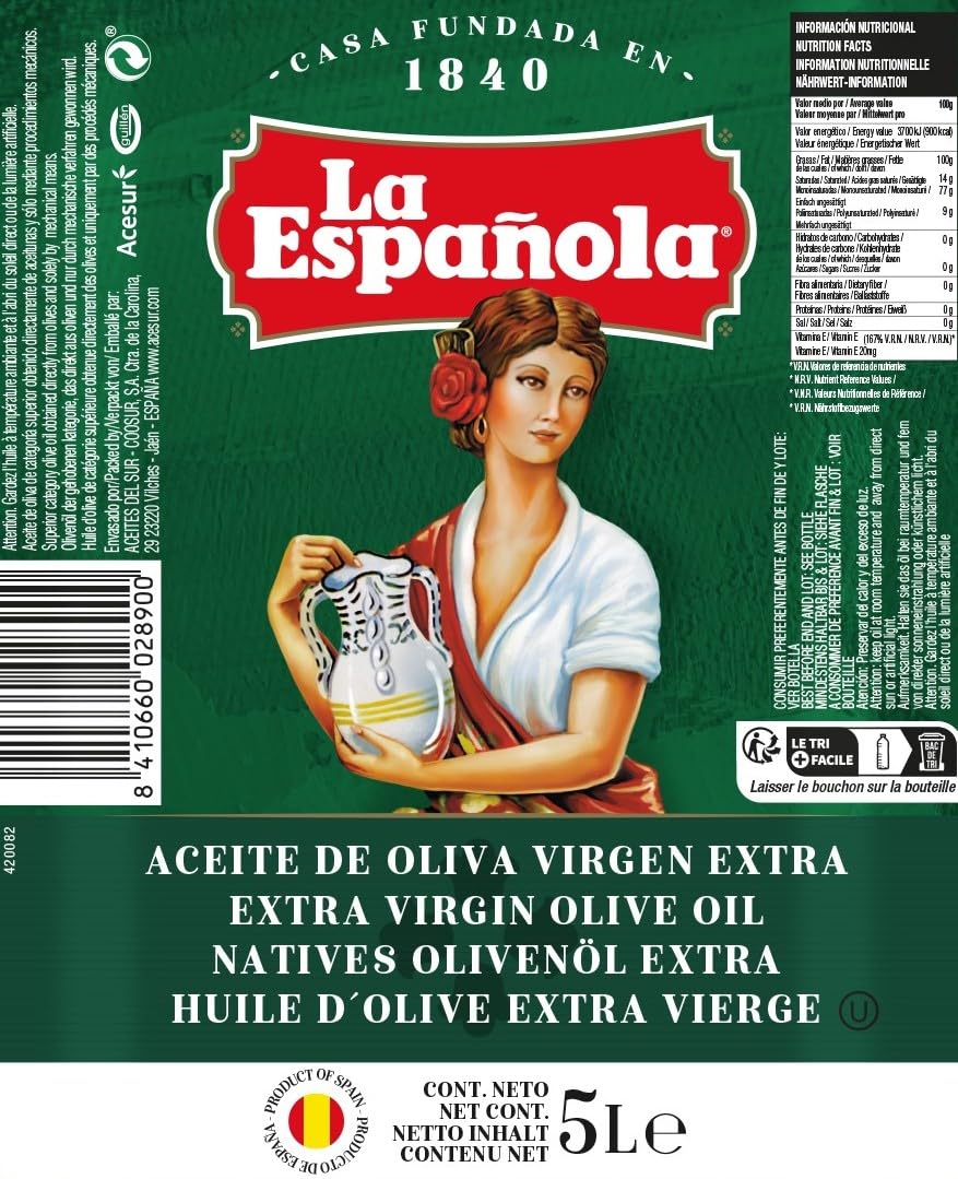 LA ESPAÑOLA Aceite de Oliva Virgen Extra Selección Mediterránea, Garrafa 5L, AOVE de Sabor Equilibrado Ideal para Cocinar y en Crudo