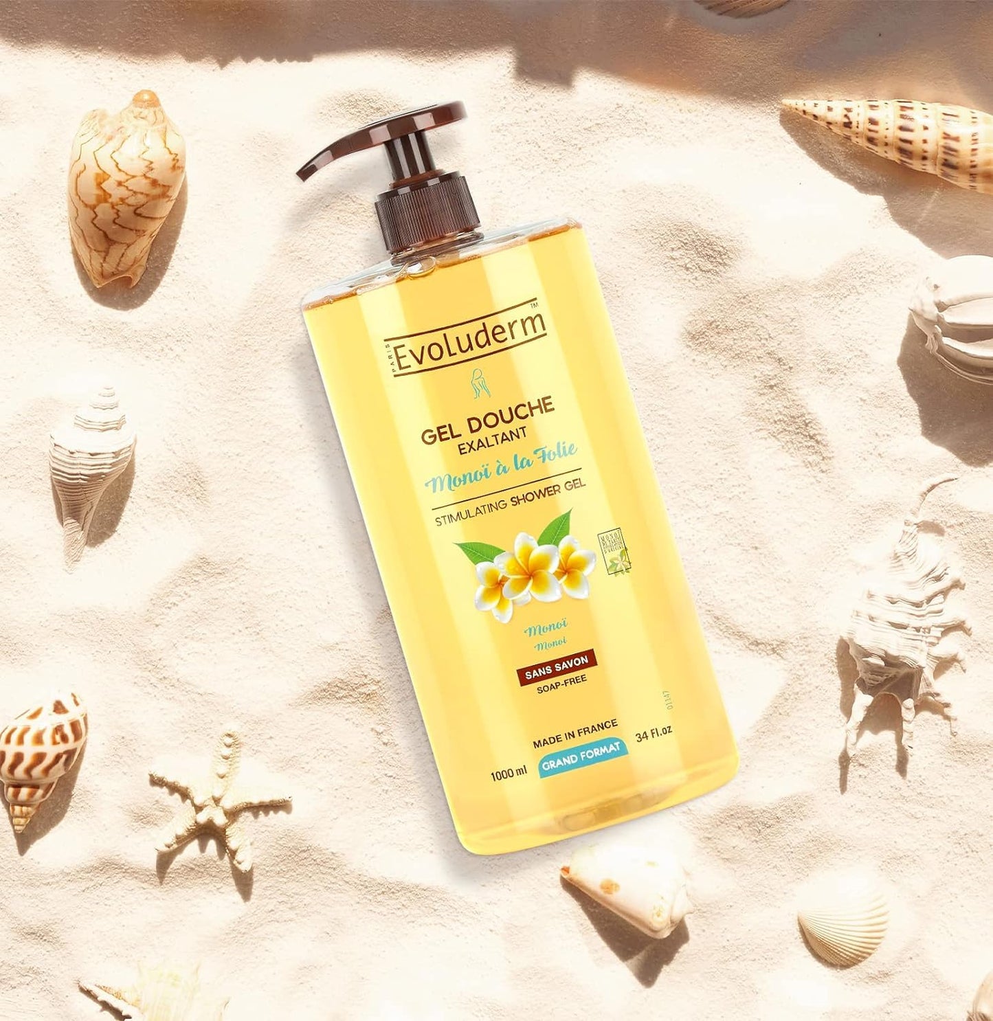EVOLUDERM – Gel de ducha estimulante monoï a la locura – 1000 ml – 95% de origen natural – vegano – Fabricación francesa