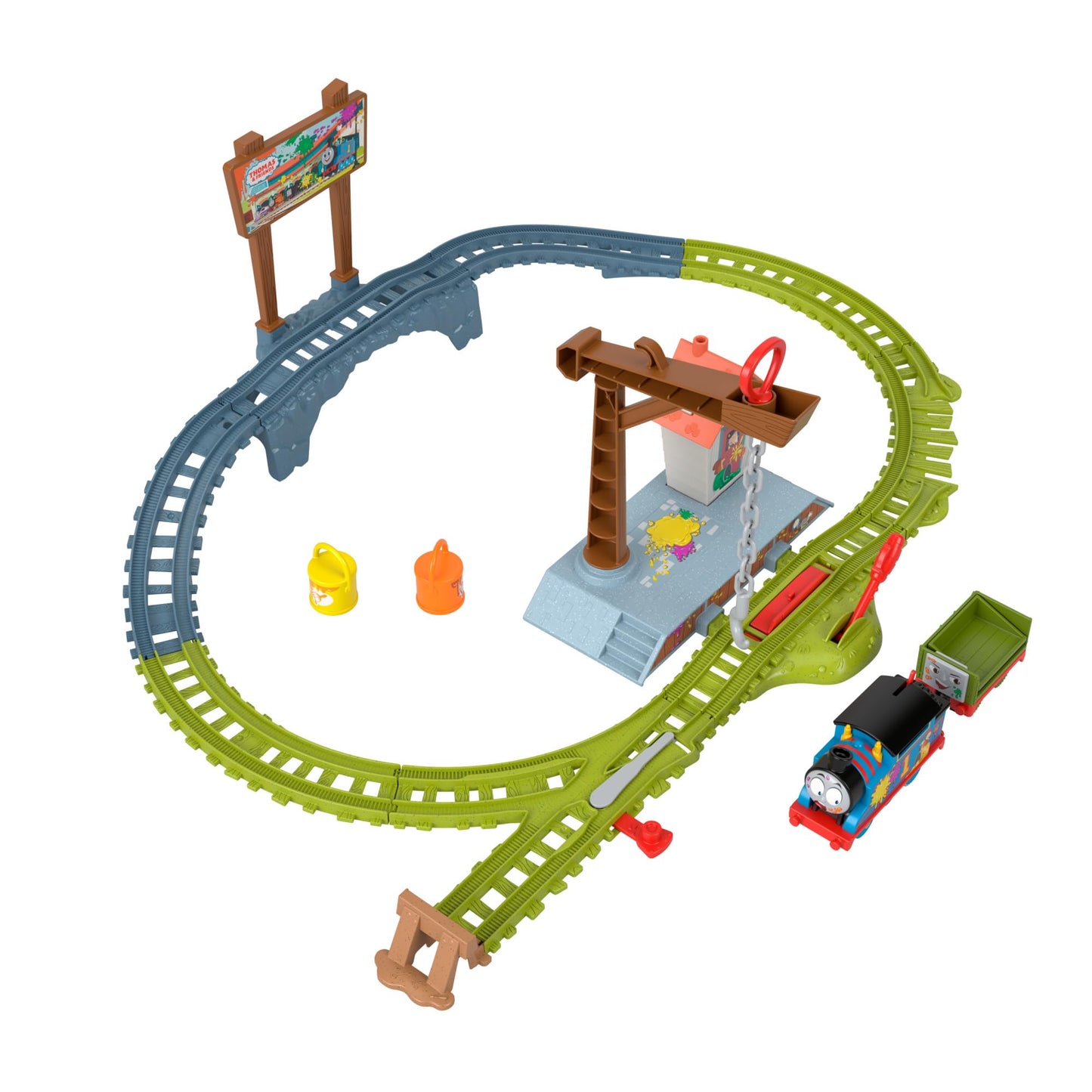 Thomas y sus amigos Reparto de pintura, Set de juego con locomotora motorizada, vagón y vías para tren de juguete, 15 piezas  +3 años, HTN34