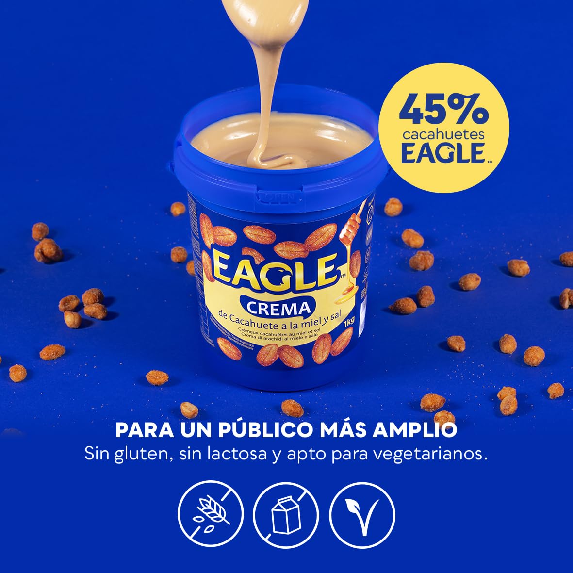 Eagle | Crema de Cacahuete Frita con Miel y Sal 1kg | Sin Gluten, Sin Lactosa, Vegetariana, Cremosa Untable, Sin Aceite de Palma, Ideal para Desayunos y Meriendas