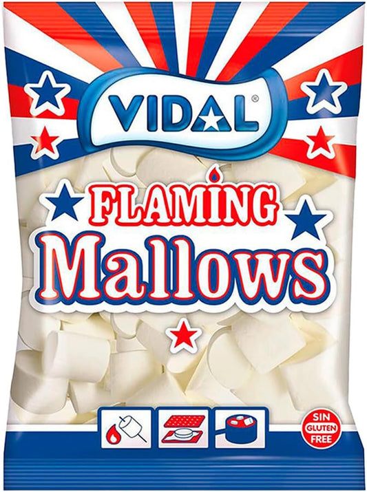 Vidal Golosinas. Flaming Mallows Vainilla. Nubes esponjosas de gran tamaño con sabor a vainilla. Ideales para barbacoas, fogatas y planchas. Color blanco. Sin gluten ni grasa. Bolsa 1 kg