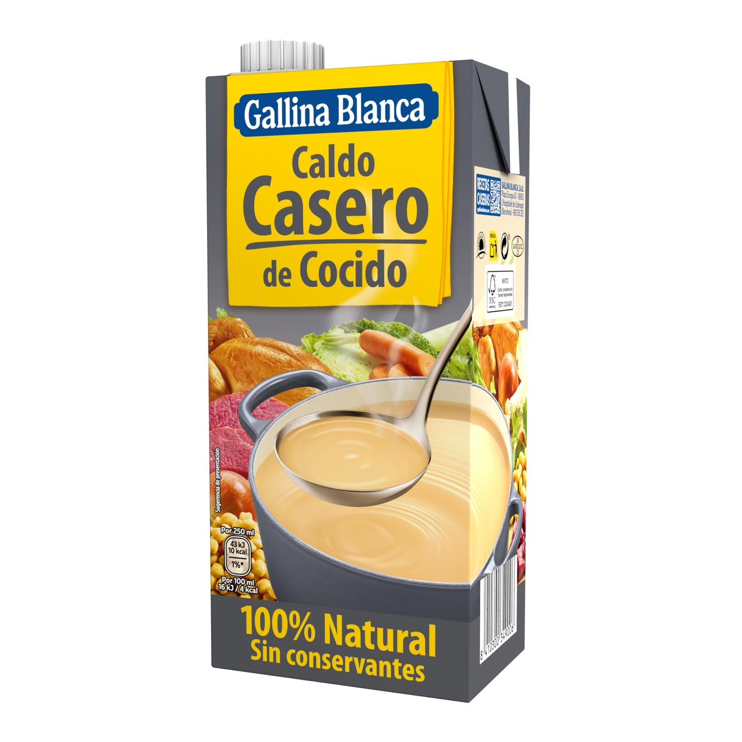 GALLINA BLANCA Caldo Casero de Cocido 100% Natural | Elaborado con Pollo, Ternera, Cerdo, Garbanzos y Verduras de la Huerta, Cocinado a Fuego Lento. Sin Gluten, Sin Conservantes - 1L