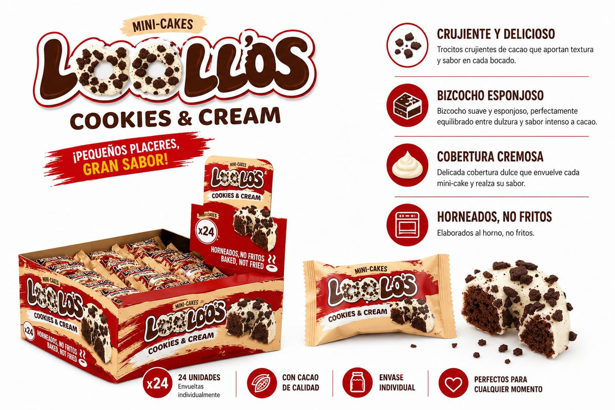 LooLoo’s Mini Cakes Cookies & Cream – Caja de 24 Mini Bizcochos Individuales | Pastelitos con Cobertura Cremosa y Trocitos de Cacao | Horneados No Fritos | Snack Dulce para Compartir