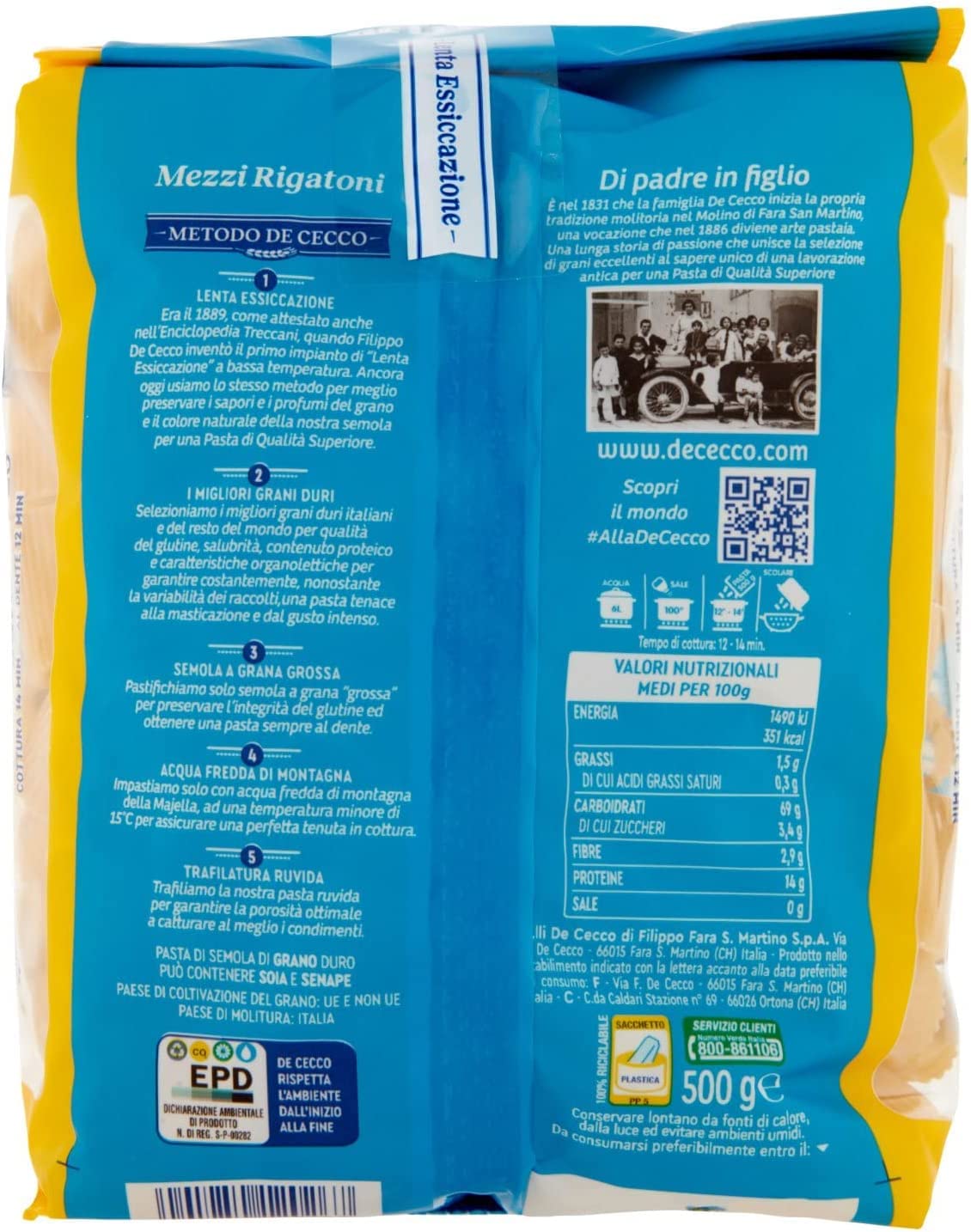 De Cecco Mezzi Rigatoni N°26 - Pasta de sémola de trigo duro (10 x 500 g)