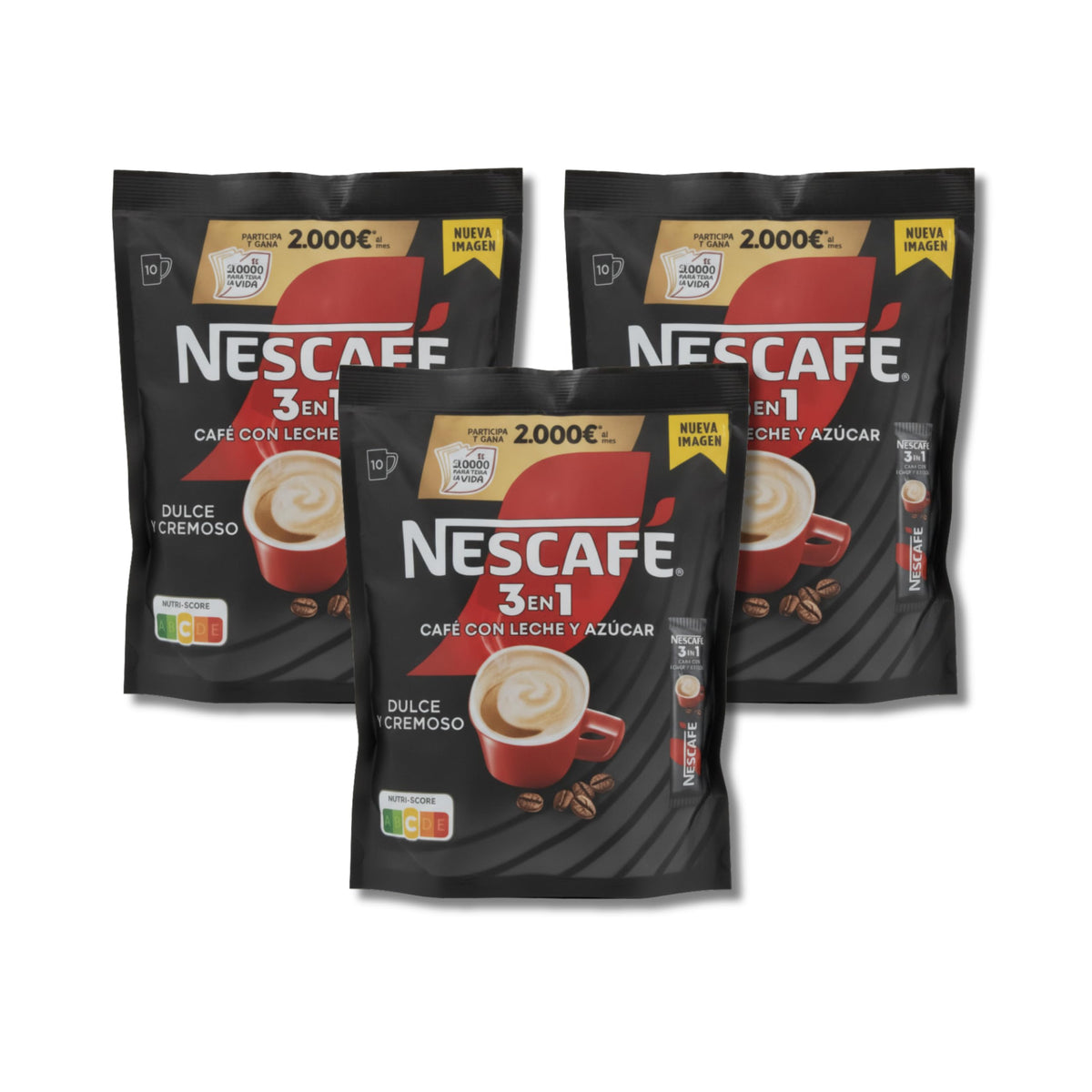 Café 3en1 - Café con Leche y Azúcar - Pack de 3 Cajas de 10 c/u (Total 30 Sobres de 16g) - Café Soluble Instantáneo de Textura Cremosa y Sabor Dulce - Formato Ahorro de 480g Total - NEXU