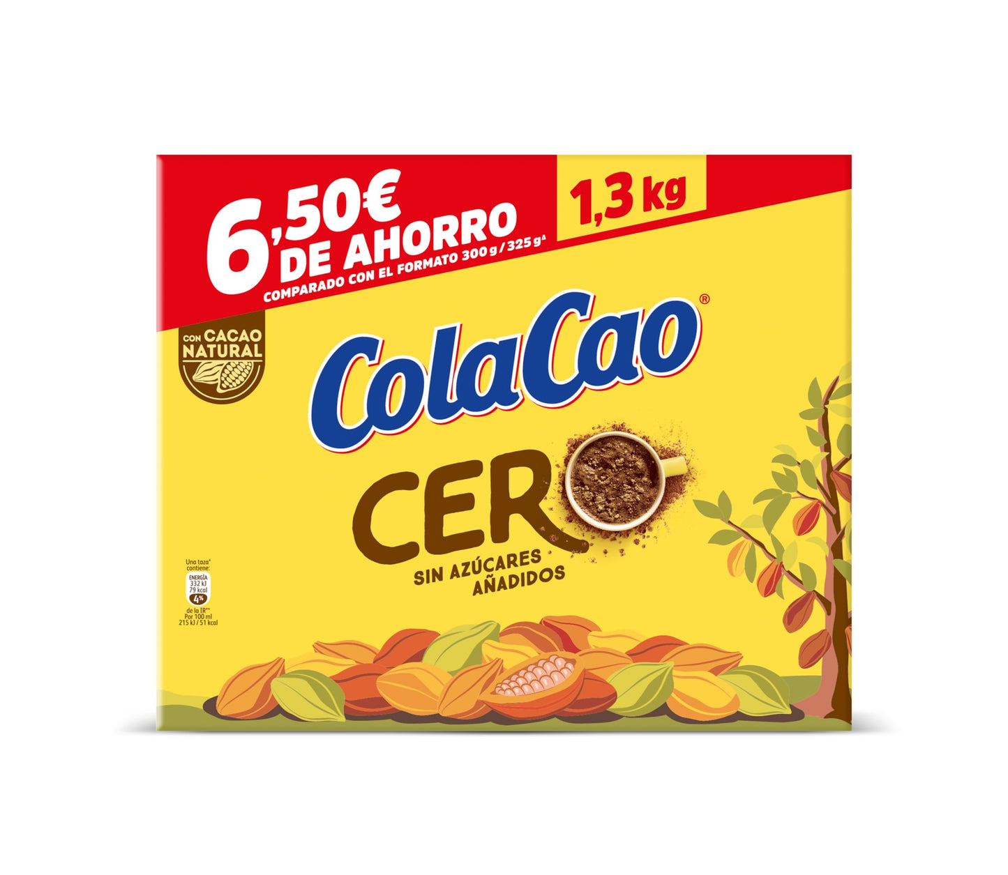 ColaCao Cero, Cacao Soluble sin Azúcares Añadidos, 1,3 kg, 92 Raciones