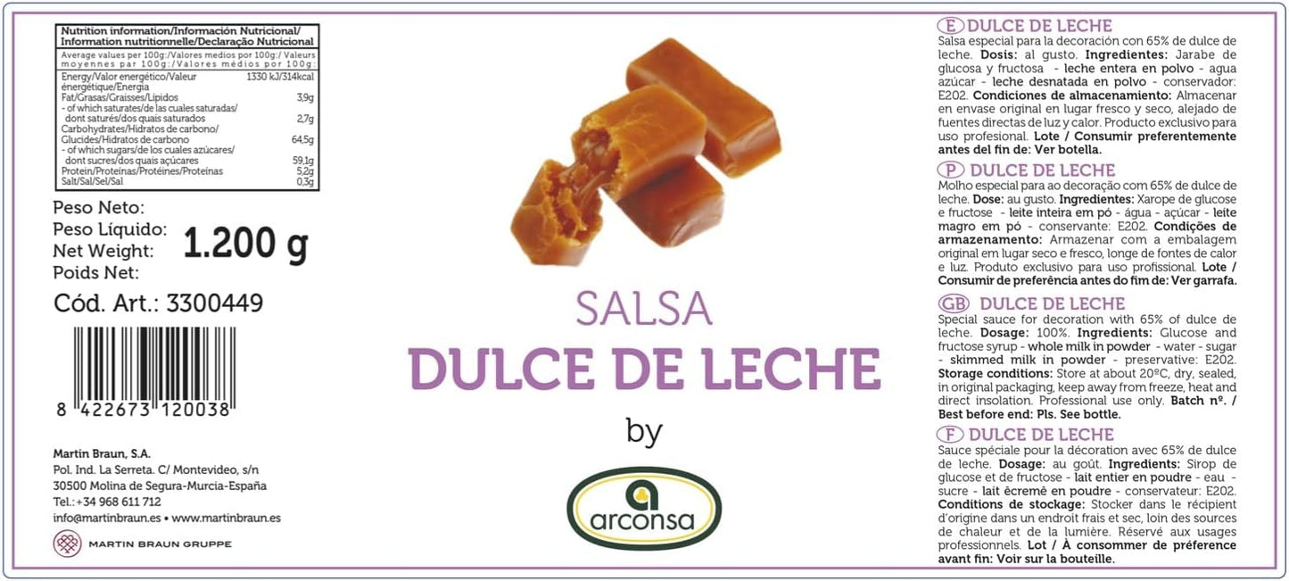 Salsa Dulce de Leche Arconsa – especial para repostería, helados y postres – botella 1,2 kg