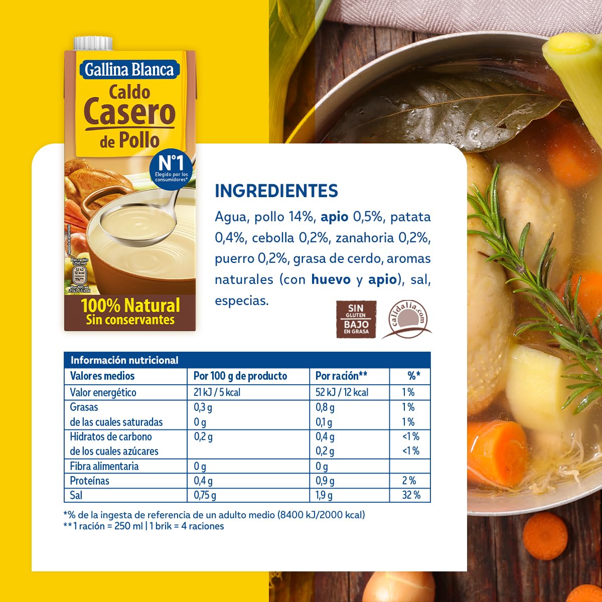 GALLINA BLANCA Caldo Casero de Pollo 100% Natural | Elaborado con Pollo Fresco y Verduras de la Huerta, Cocinado a Fuego Lento Durante 3h. Sin Gluten, Sin Conservantes, Bajo en Grasa - 1L