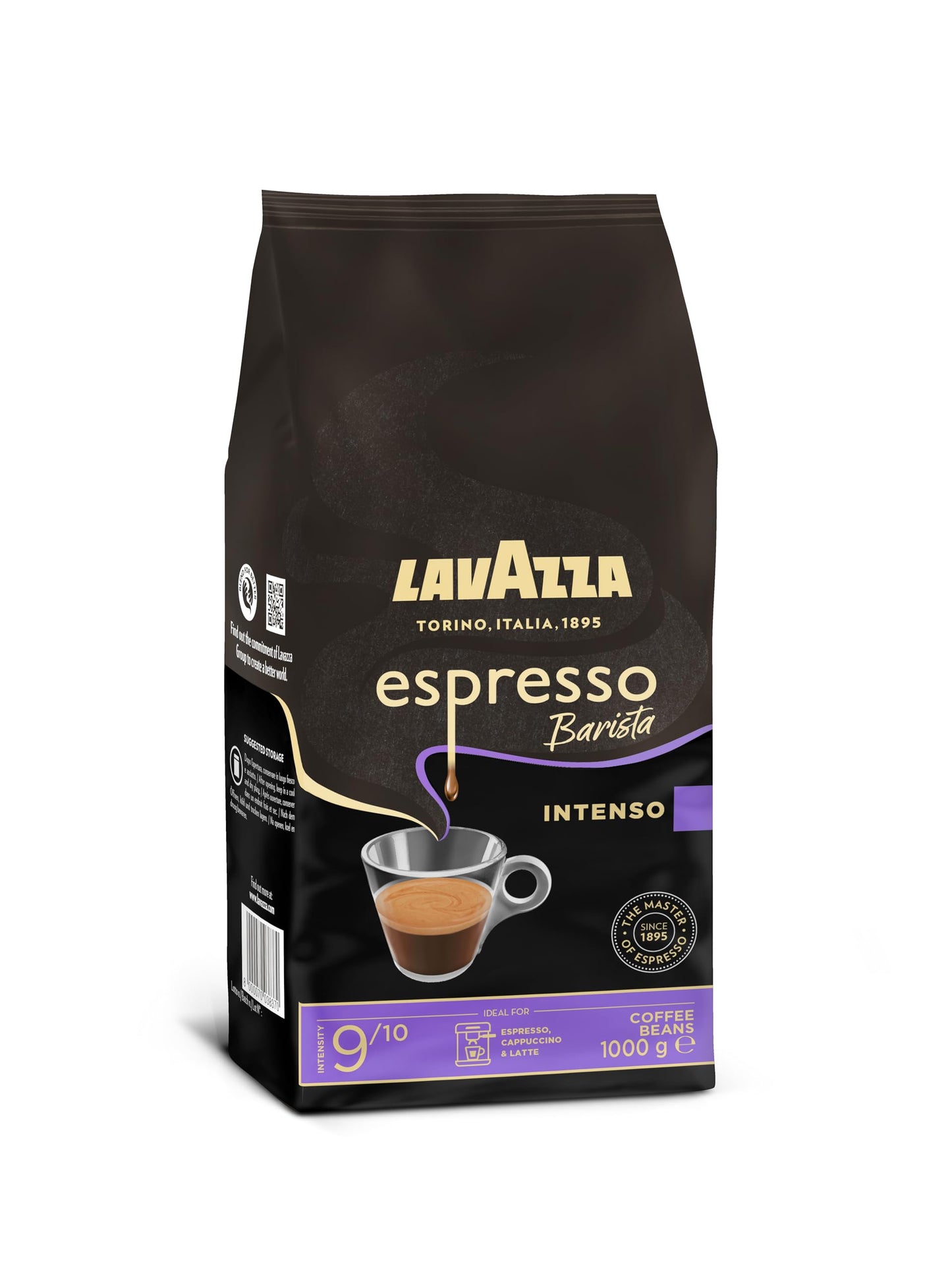Lavazza, Espresso Barista Intenso, Café en Grano Natural Tostado, Ideal para Máquina de Café Espresso o Superautomática, con Notas Aromáticas de Cacao y Madera, Intensidad 9/10, Tueste Medio, 1 kg
