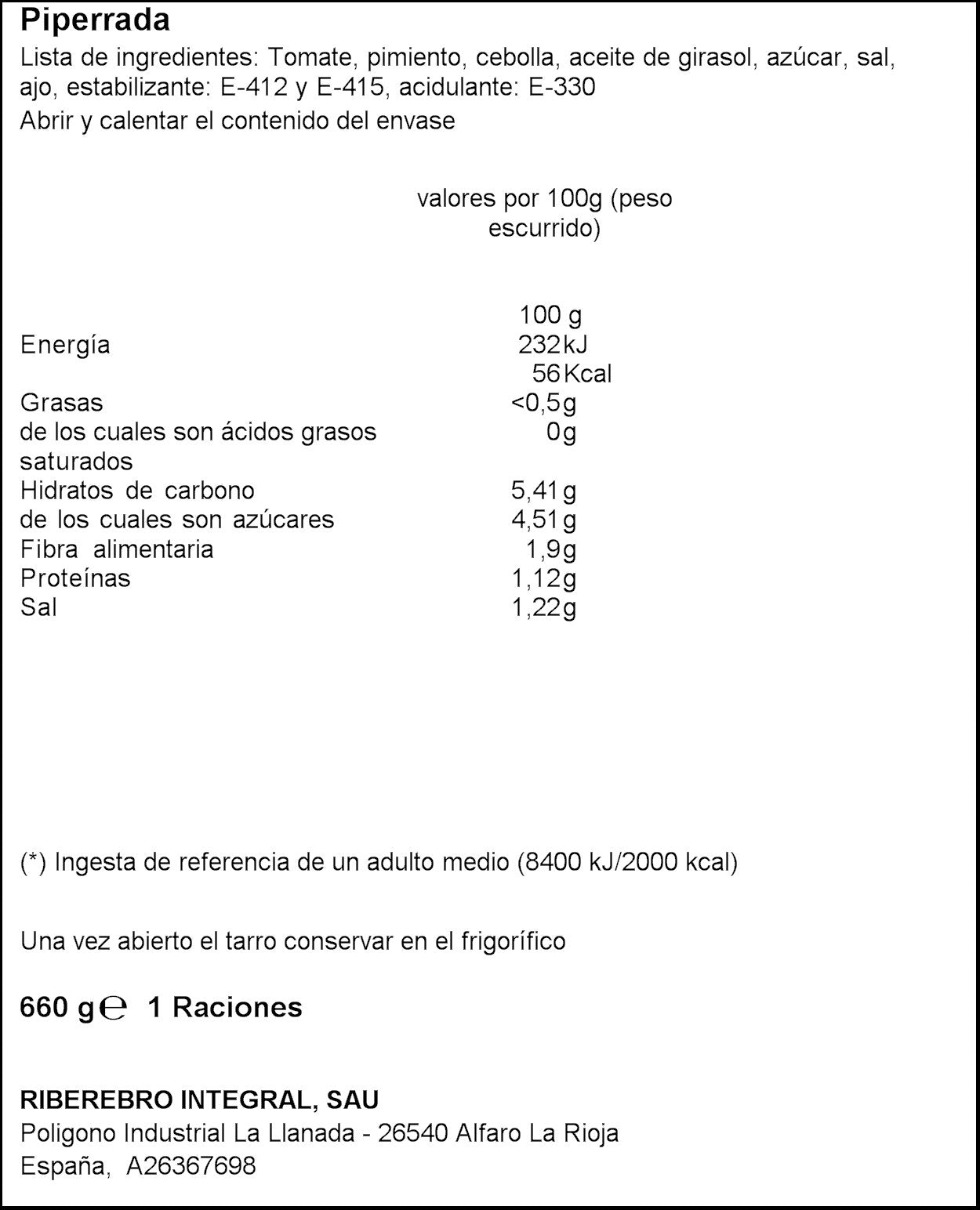Gvtarra - Piperrada gutarra frasco, 660 g, Pack de 6