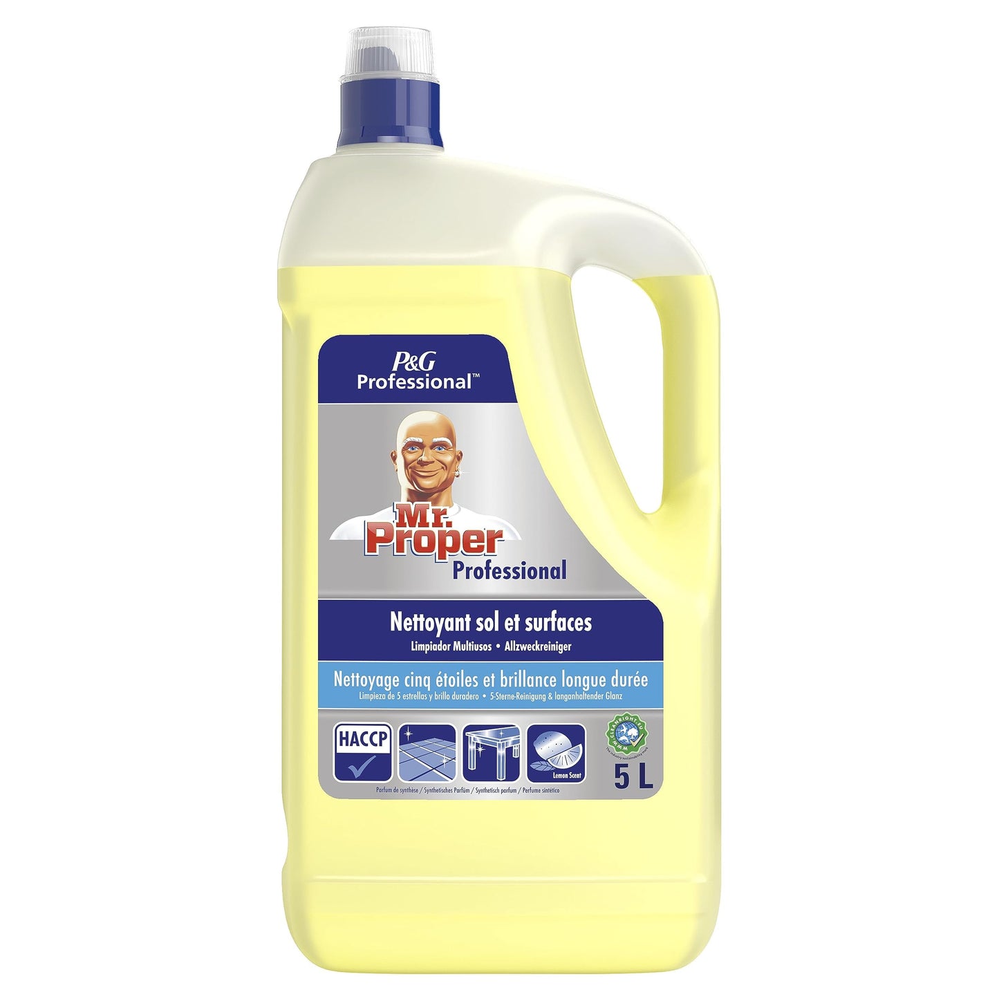 Mr Proper Professional, Limpiador, Multisuperficies Y Suelos, 5L, Limón, Ofrece una limpieza de 5 estrellas para profesionales y un brillo duradero
