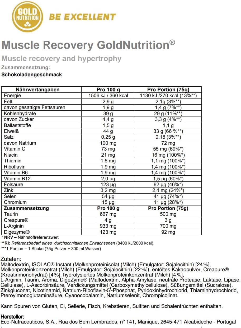 GOLDNUTRITION MUSCLE RECOVERY VAINILLA 900g | Proteína hidrolizada, aislada y concentrada | Hidratos de absorción rápida | Creatina