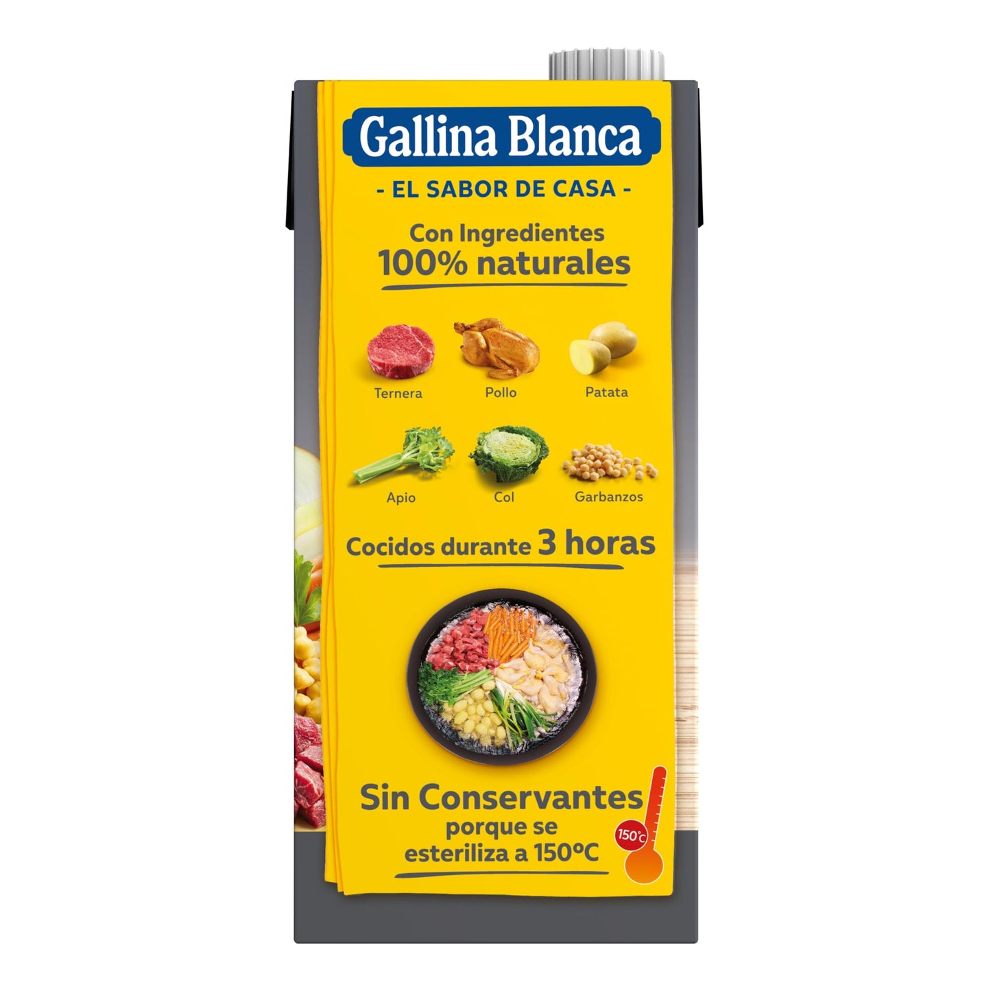 GALLINA BLANCA Caldo Casero de Cocido 100% Natural | Elaborado con Pollo, Ternera, Cerdo, Garbanzos y Verduras de la Huerta, Cocinado a Fuego Lento. Sin Gluten, Sin Conservantes - 1L