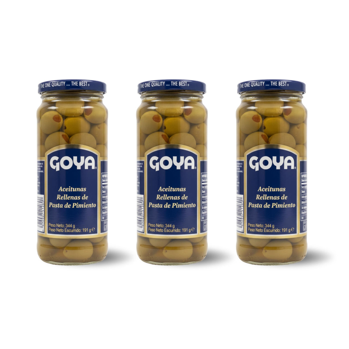 Aceitunas Manzanilla Rellenas de Pasta de Pimiento- Pack de 3uds - Aperitivo Tradicional Elaborado en España - Formato Frasco de Vidrio, 344g (Peso Escurrido 191g) - 1032g Total - NEXU