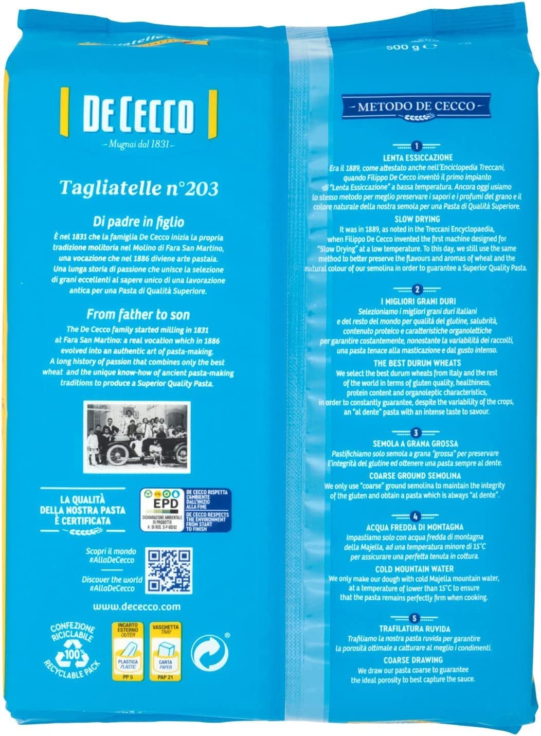 5x De Cecco Tallarines No. 203 Pasta Italiana 500g