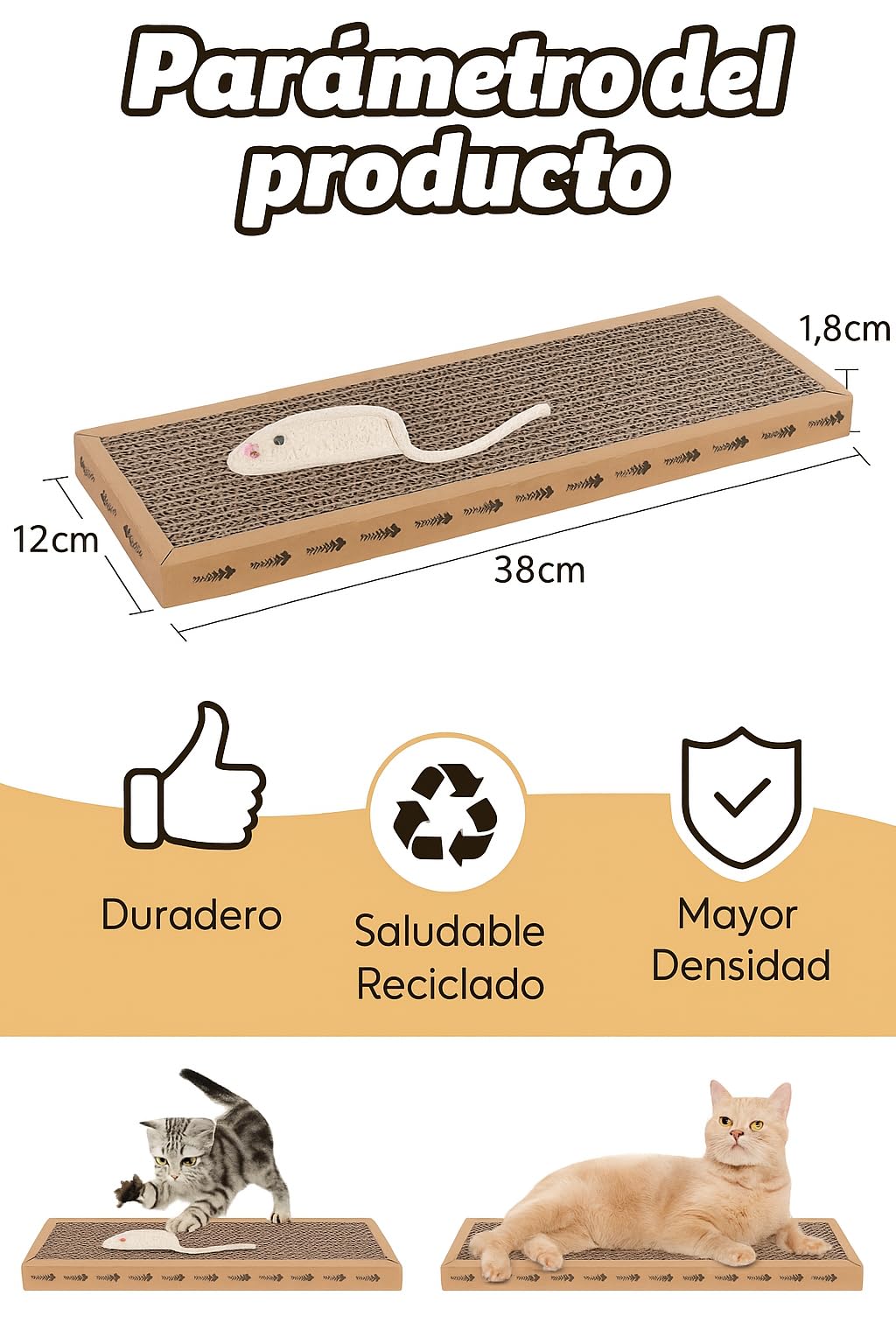 Rascador para Gatos de Cartón y Sisal Natural – 38x12.5 cm con Catnip Incluido – Alfombrilla Rascadora Divertida y Duradera – Antiestrés, Juguete y Zona de Descanso para Gatos