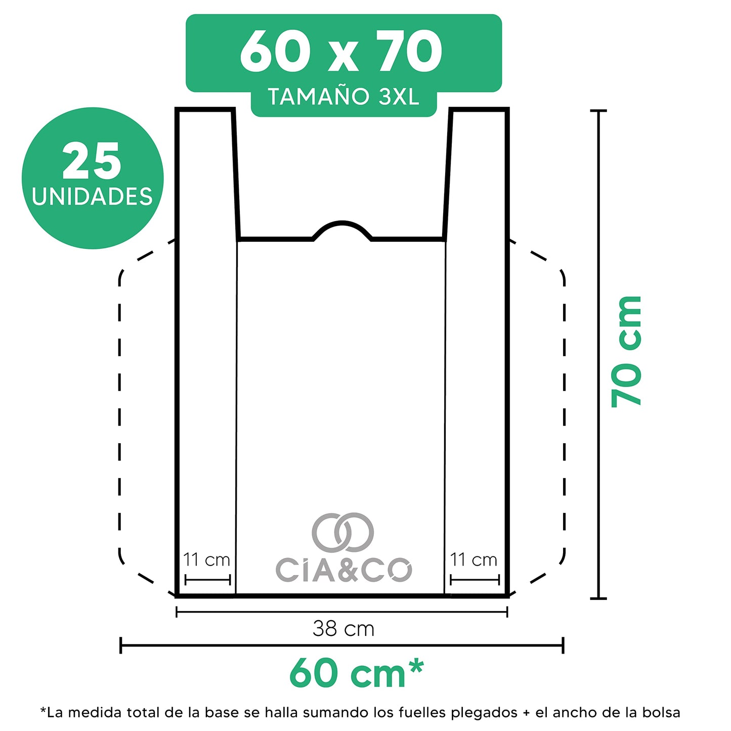 Bolsas de Plástico 70% Reciclado · Tamaño 3XL 60x70 cm | 25 Uds | Aptas Uso Alimentario, Resistentes, Reutilizables y 70% Recicladas | Galga 200 |Bolsa Tipo Camiseta | Cumple todas las normativas