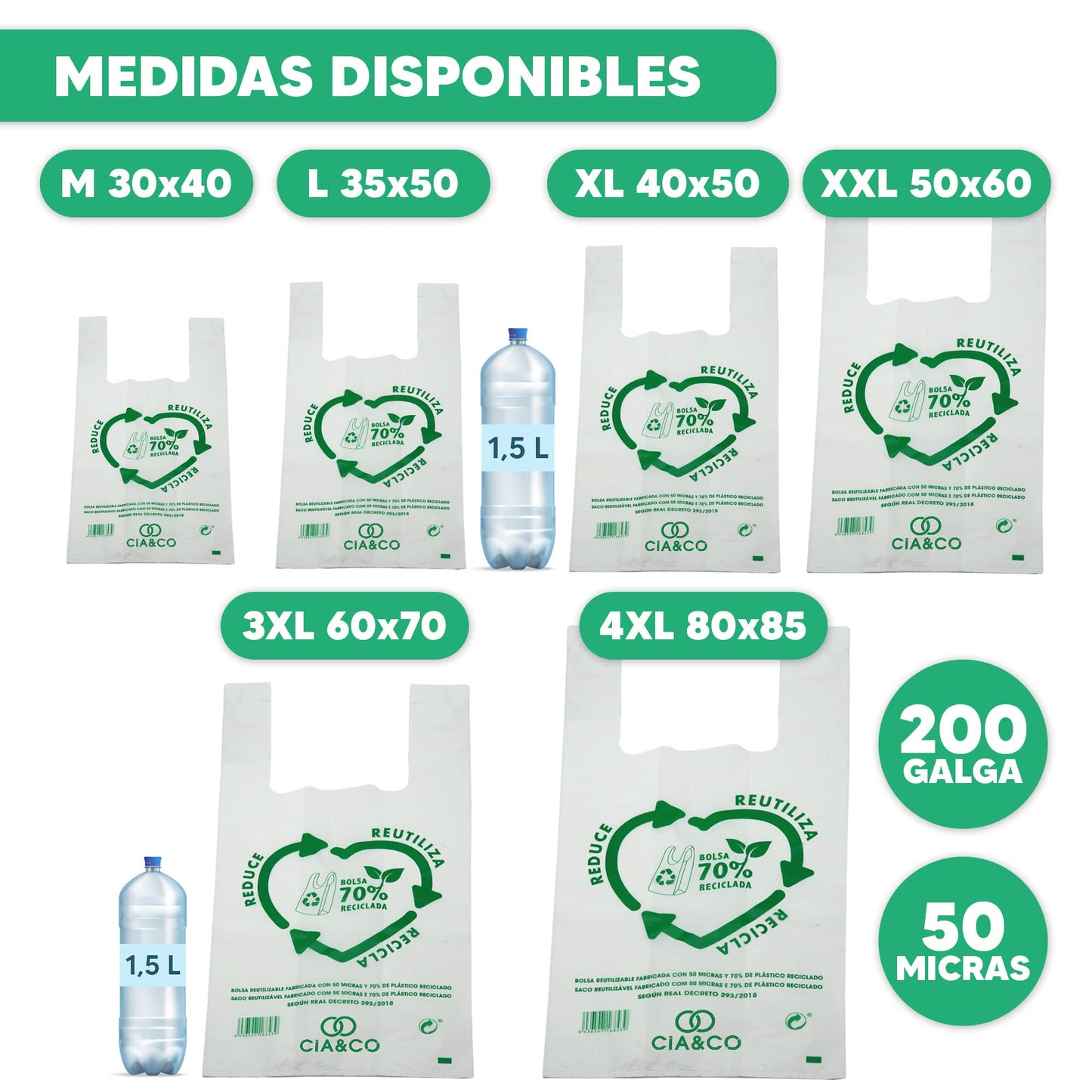 Bolsas de Plástico 70% Reciclado · Tamaño 3XL 60x70 cm | 25 Uds | Aptas Uso Alimentario, Resistentes, Reutilizables y 70% Recicladas | Galga 200 |Bolsa Tipo Camiseta | Cumple todas las normativas