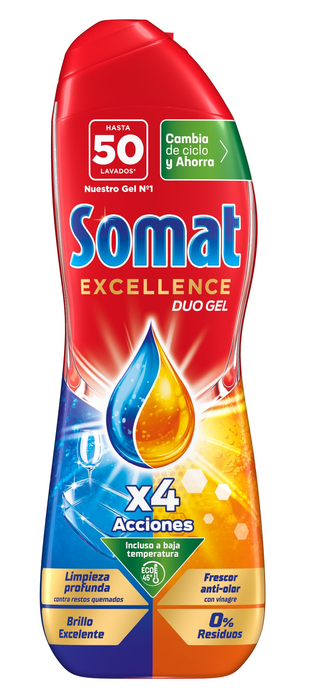 Somat Excellence Gel Frescor Anti-Olor (100 lavados), detergente lavavajillas desengrasante, lavavajilla líquido automático en botella, jabón para platos con vinagre