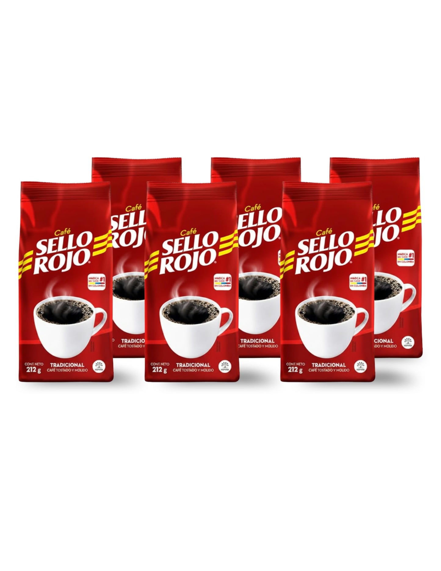 Pack de 6 x 212g (1.27kg Total) - Café 100% Colombiano Tostado y Molido - Aroma Intenso y Cuerpo Consistente - Café Sello Rojo Tradicional - Sabor Clásico de Colombia para el Hogar - NEXU