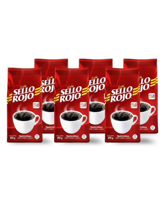 Pack de 6 x 212g (1.27kg Total) - Café 100% Colombiano Tostado y Molido - Aroma Intenso y Cuerpo Consistente - Café Sello Rojo Tradicional - Sabor Clásico de Colombia para el Hogar - NEXU