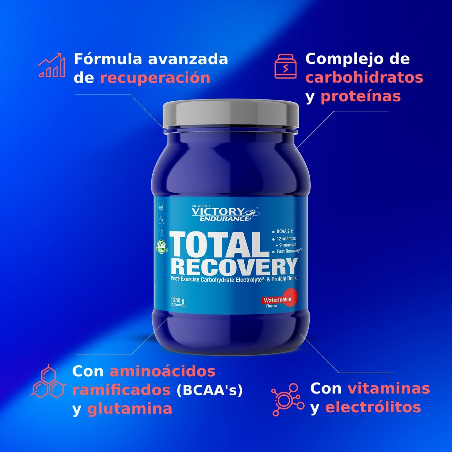 Victory Endurance Total Recovery (1250g) Sabor Sandía, Preparado Bebida Post-Entreno de Carbohidratos Electrolitos y Proteínas, Con BCAA 2:1:1, 12 Vitaminas y 9 Minerales, Recuperación Rápida