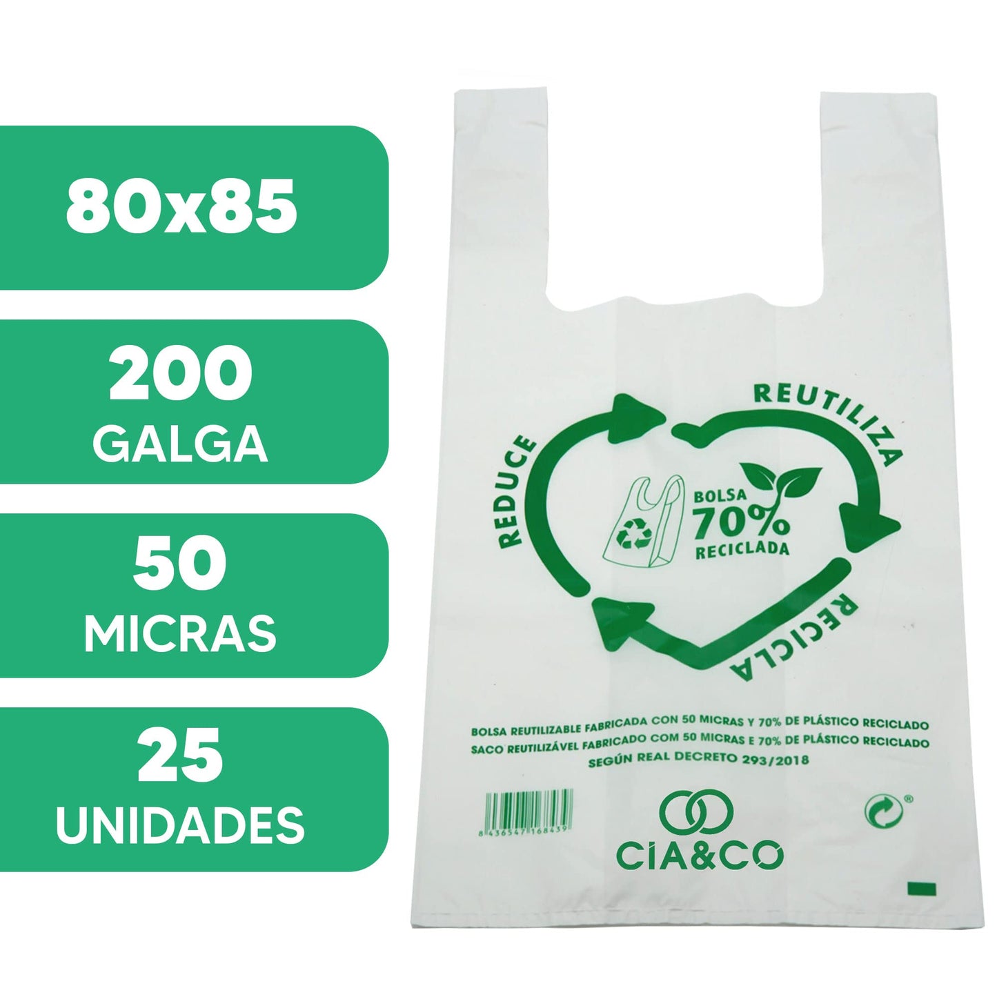 Bolsas de Plástico 70% Reciclado · Tamaño 4XL 80x85 cm | 25 Uds | Aptas Uso Alimentario, Resistentes, Reutilizables y 70% Recicladas | Galga 200 |Bolsa Tipo Camiseta