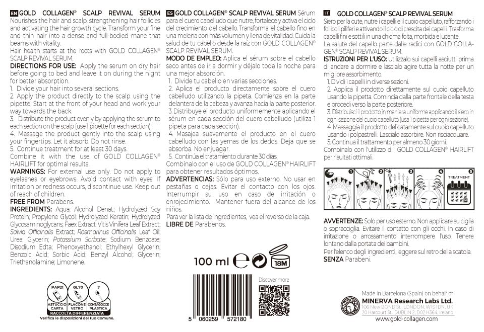 GOLD COLLAGEN Scalp Revival - Sérum Cabello Noche para Crecimiento y Anticaída con Ácido Hialurónico y Extractos Naturales, Tratamiento Hidratante Cabello con Keratina, Aceite Pelo Seco Dañado 100 ml