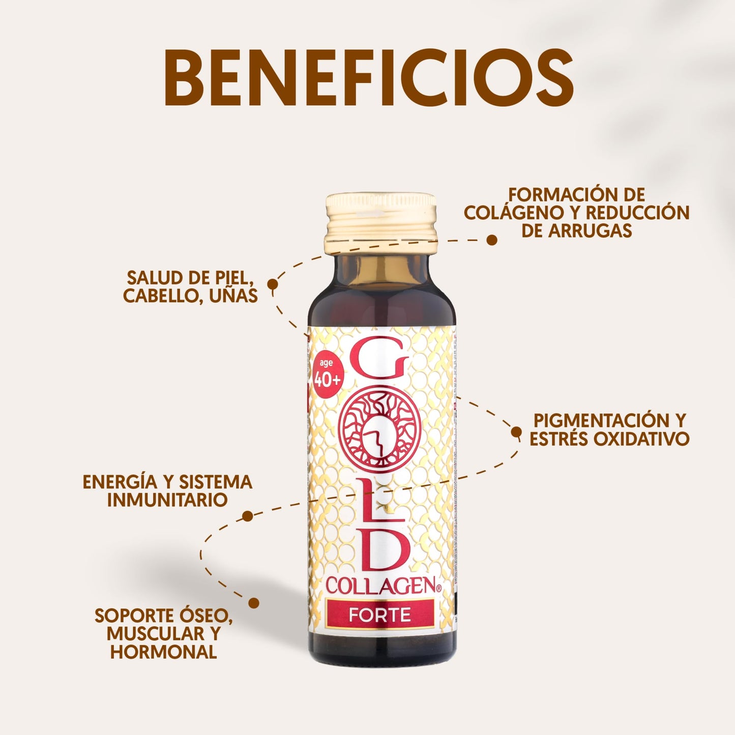 GOLD COLLAGEN Forte - Complemento de Colágeno Marino Hidrolizado Antiarrugas para Sistema Inmunitario con Vitamina C y Ácido Hialurónico, Biotina para el Cabello Piel y Uñas 1 Caja 10 Botellitas 50 ml