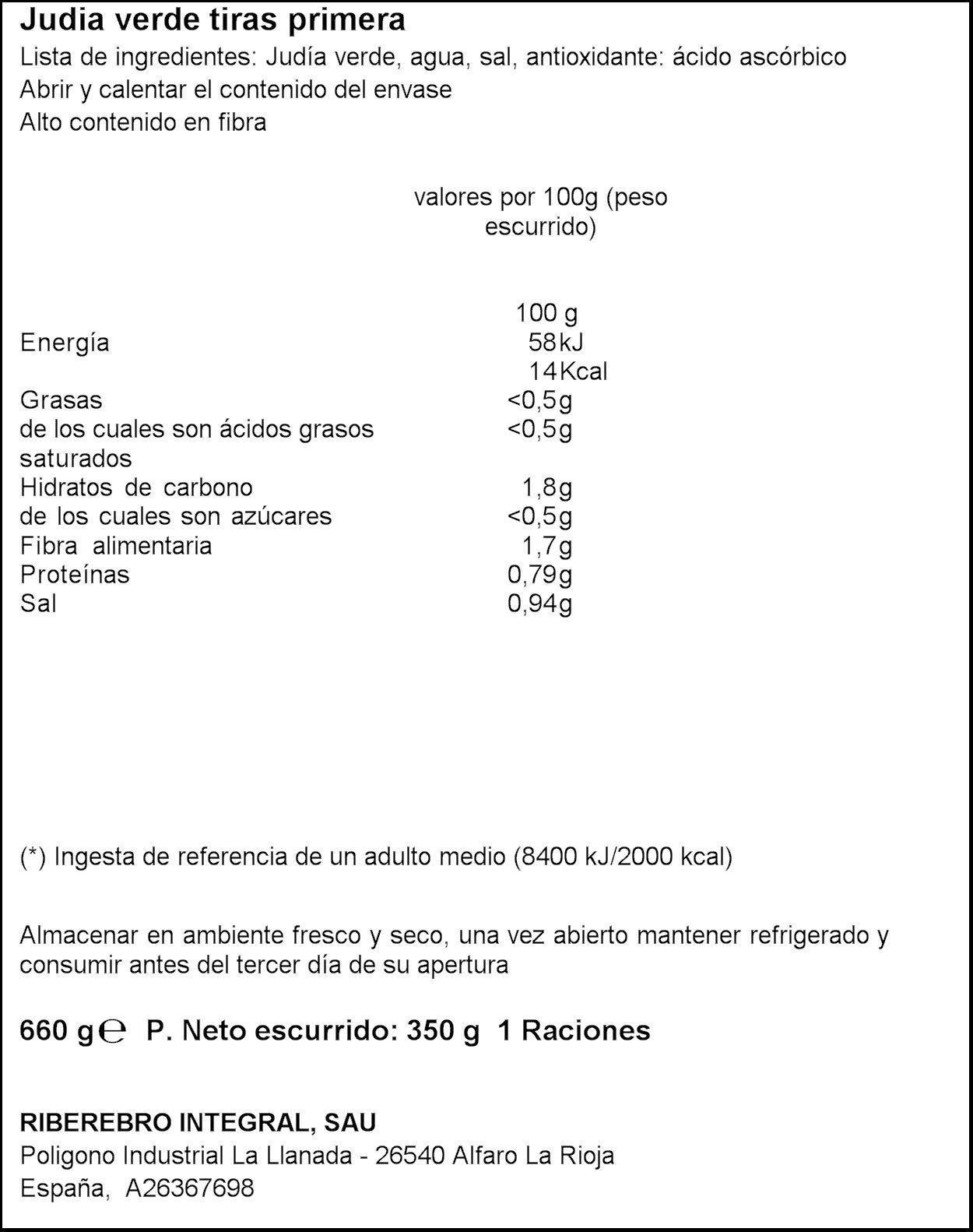Gvtarra Judías Verdes Cortadas en Tiras, 660g