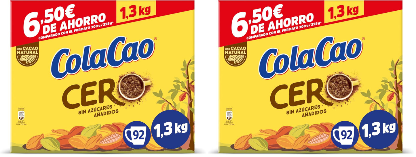 ColaCao Cero, Cacao Soluble sin Azúcares Añadidos, 1,3 kg, 92 Raciones (Paquete de 2)