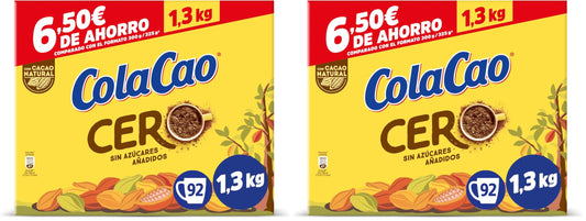 ColaCao Cero, Cacao Soluble sin Azúcares Añadidos, 1,3 kg, 92 Raciones (Paquete de 2)