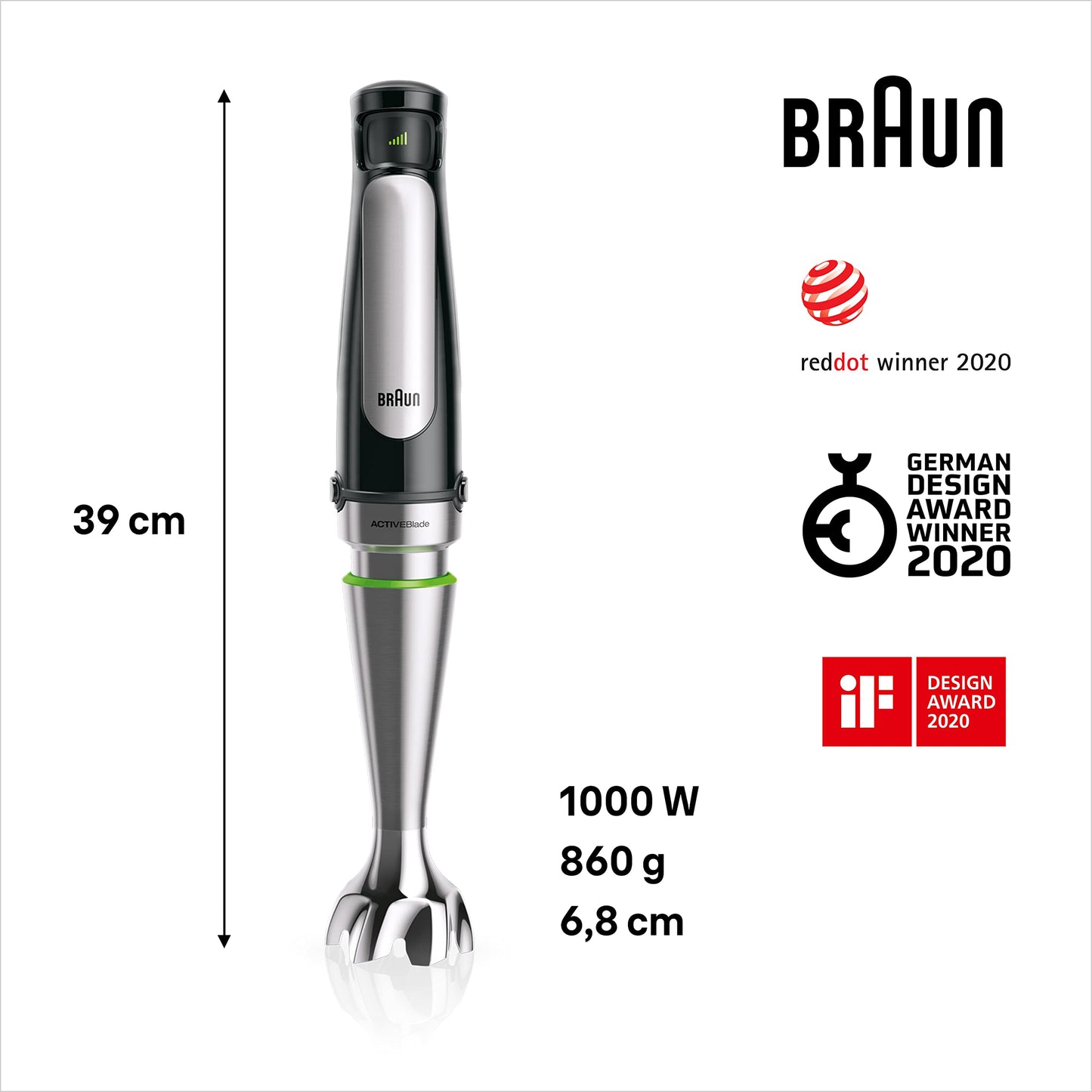 Braun Minipimer 7 - Batidora de Mano con Tecnología SplashControl, Sistema ActiveBlade para Alimentos Duros, Selección de Velocidad, Picadora 500 mL, Vaso 600 mL, 1000 W, Negro (MQ7035X)
