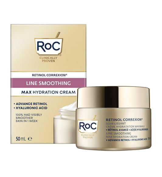 RoC - Retinol Correxion Line Suavizante Max Hidratación Diaria - Hidratante Facial Intensivo Antiarrugas y Antienvejecimiento - con Ácido Hialurónico - 50 ml