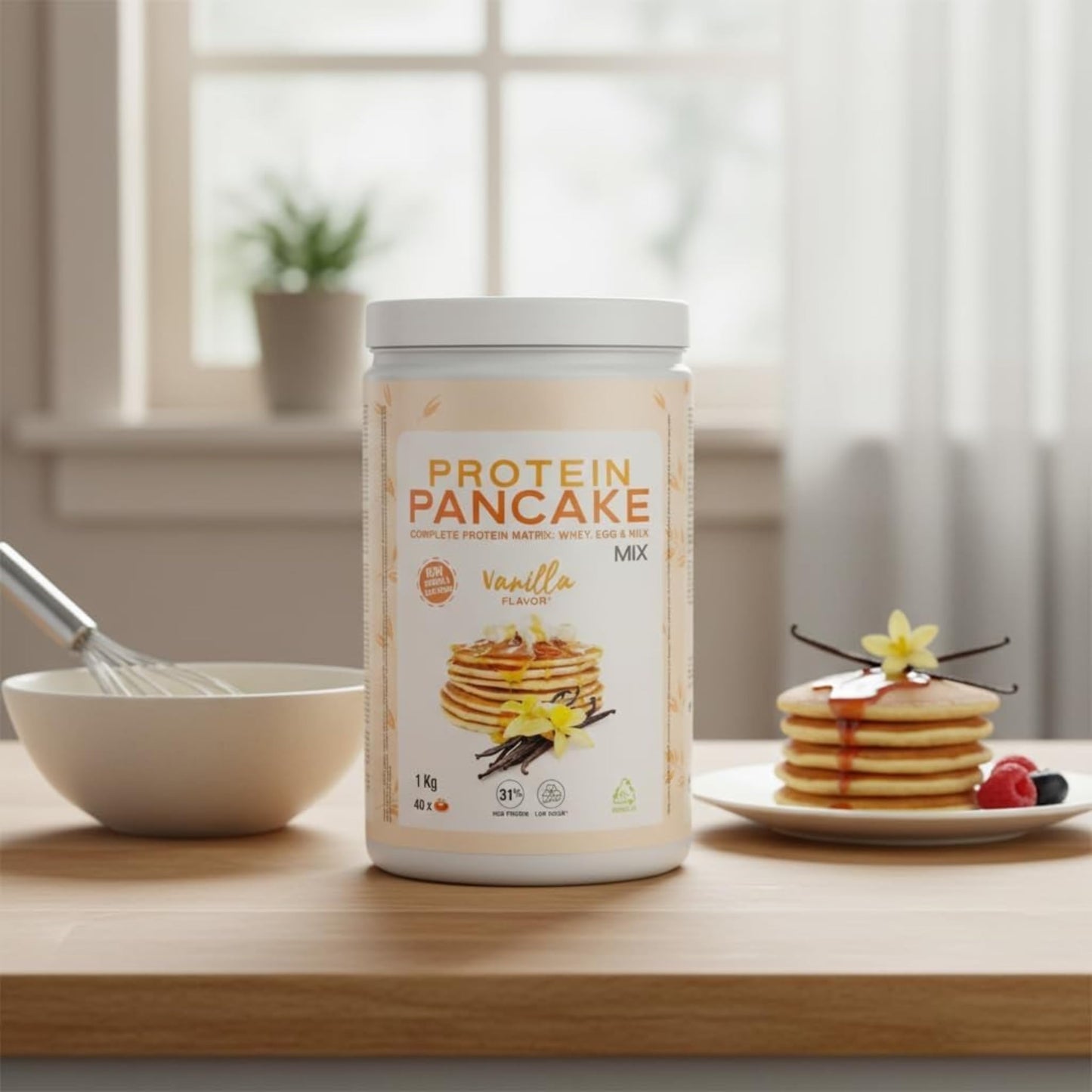 Protein Pancake Mix - Preparado para Tortitas Proteicas con Harina de Avena Integral y Proteína de Suero, Huevo y Leche - Sabor Vainilla, 1 kg (40 Raciones) - Bajo en Azúcar - NEXU