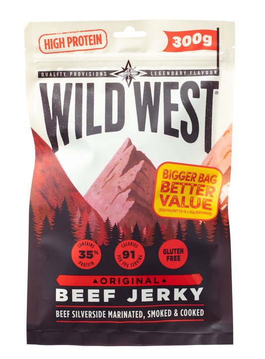 Wild West Beef Jerky, 300 g Original, carne seca altamente proteica, snack proteico Beef Jerky, cecina de vaca