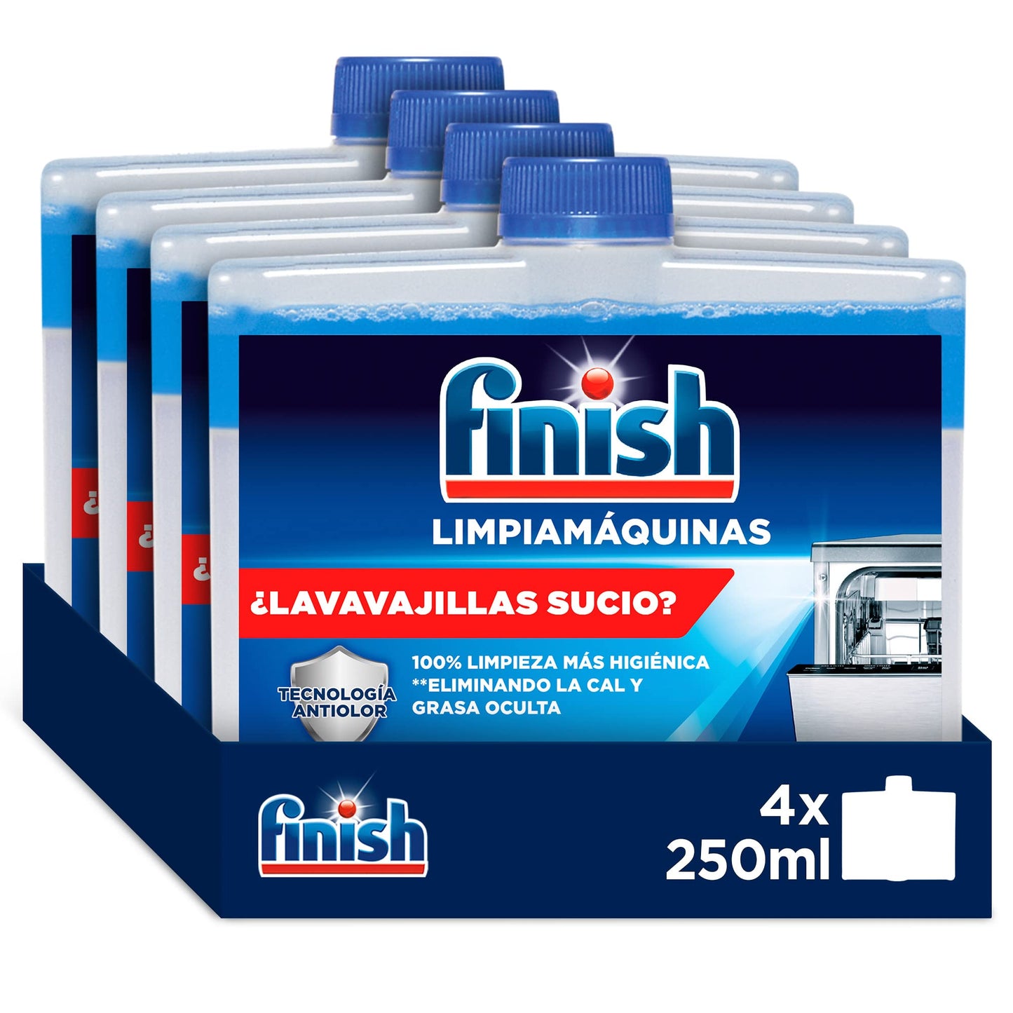 Finish Limpiamáquinas para Lavavajillas, Limpia lavavajillas contra el mal olor, la cal y la grasa del lavaplatos 4 x 250 ml
