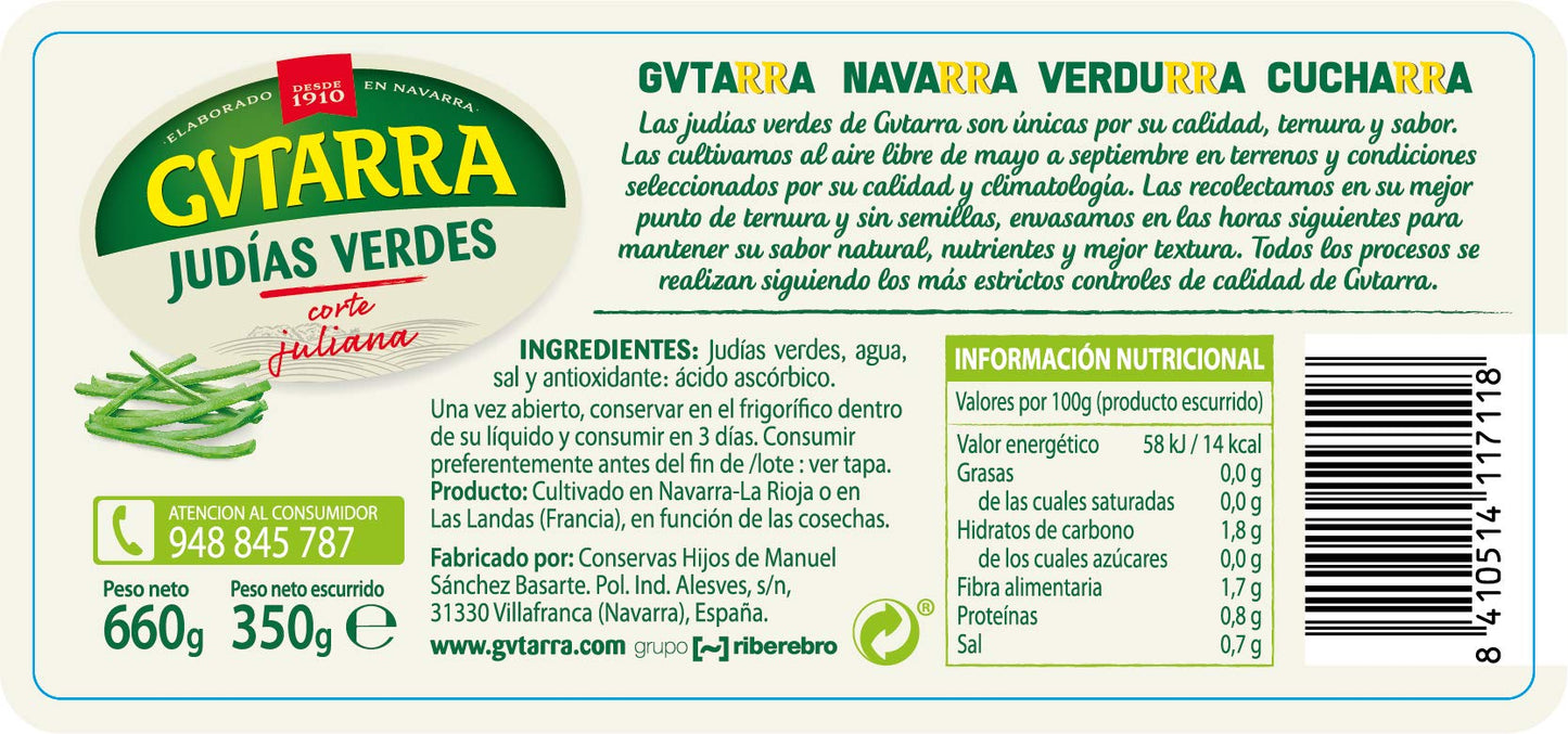 Gvtarra Judías Verdes Cortadas en Tiras, 660g
