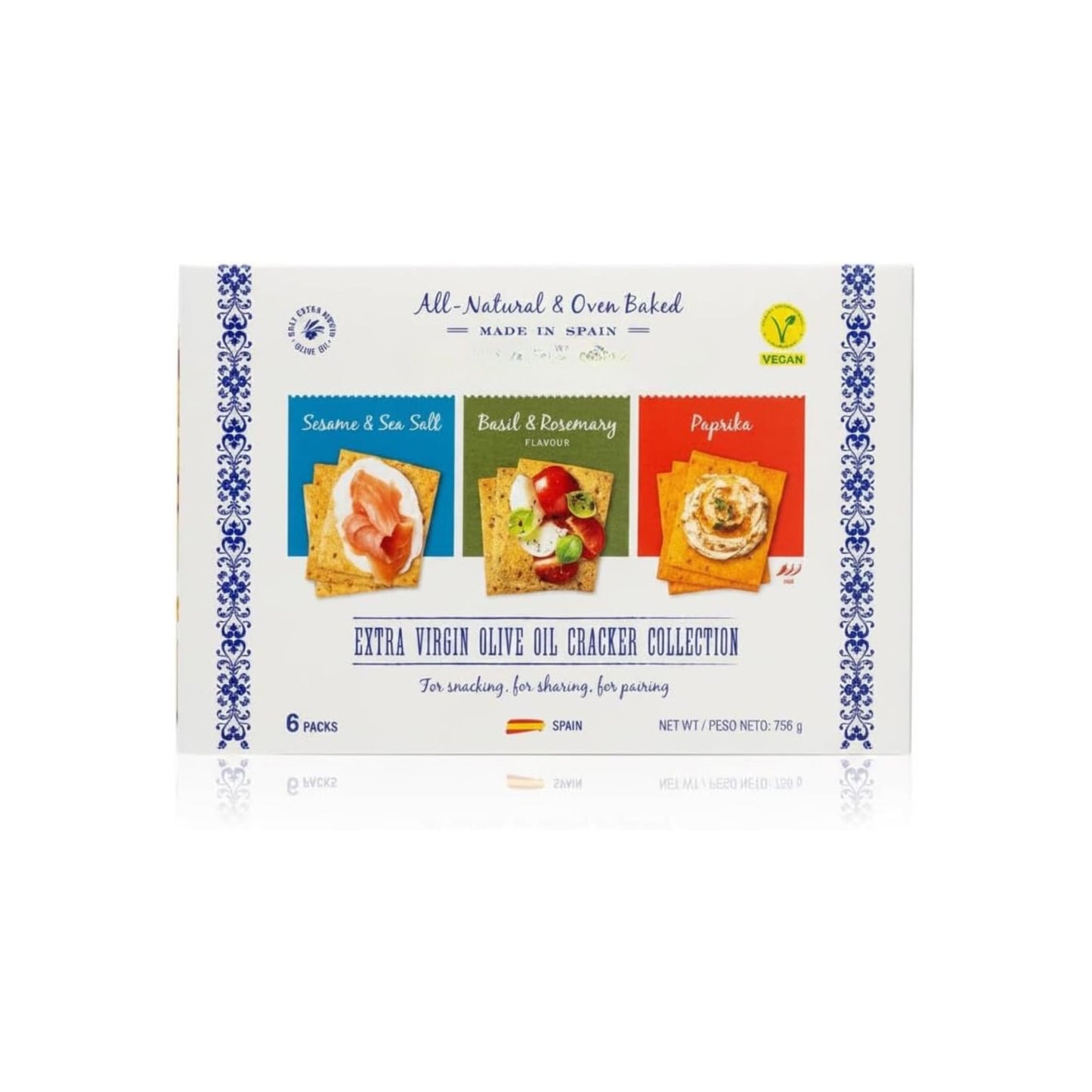Colección de Crackers de Aceite de Oliva Virgen Extra - 1 Pack de 6 uds (3 Variedades: Sésamo, Albahaca y Pimentón) - Snacks Gourmet Saludables y Veganos - NEXU