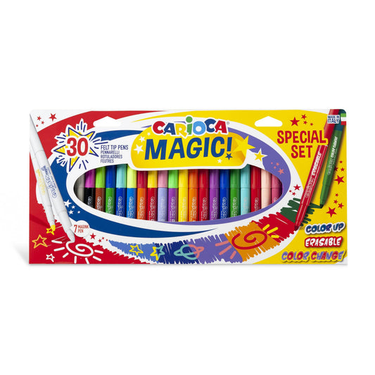 Carioca Rotuladores mágicos | Caja de 30 Rotuladores Mágicos | Rotulador Magink incluido en el Pack que Permite Conseguir Dos Colores o Borrarlos | Punta Maxi Ø 6 mm | 30 piezas